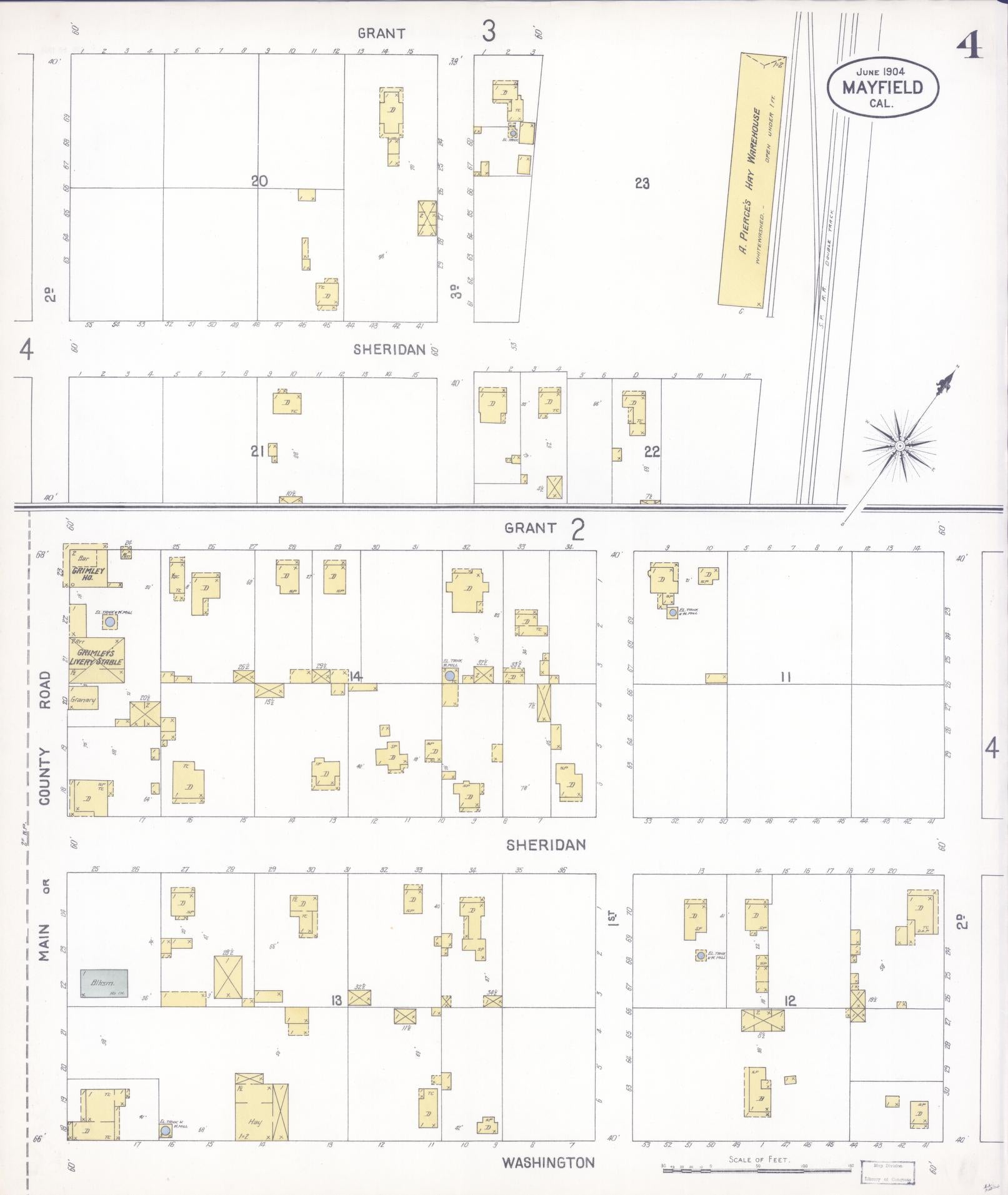 Sanborn Fire Insurance Map from Mayfield, Santa Clara County, California (1904), Sheet #0004 - Historic Sanborn Fire Insurance Map Print, vintage old map wall art, antique decor, genealogy gift, California California map