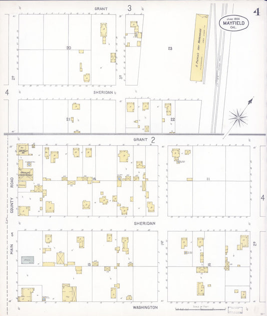 Sanborn Fire Insurance Map from Mayfield, Santa Clara County, California (1904), Sheet #0004 - Historic Sanborn Fire Insurance Map Print, vintage old map wall art, antique decor, genealogy gift, California California map