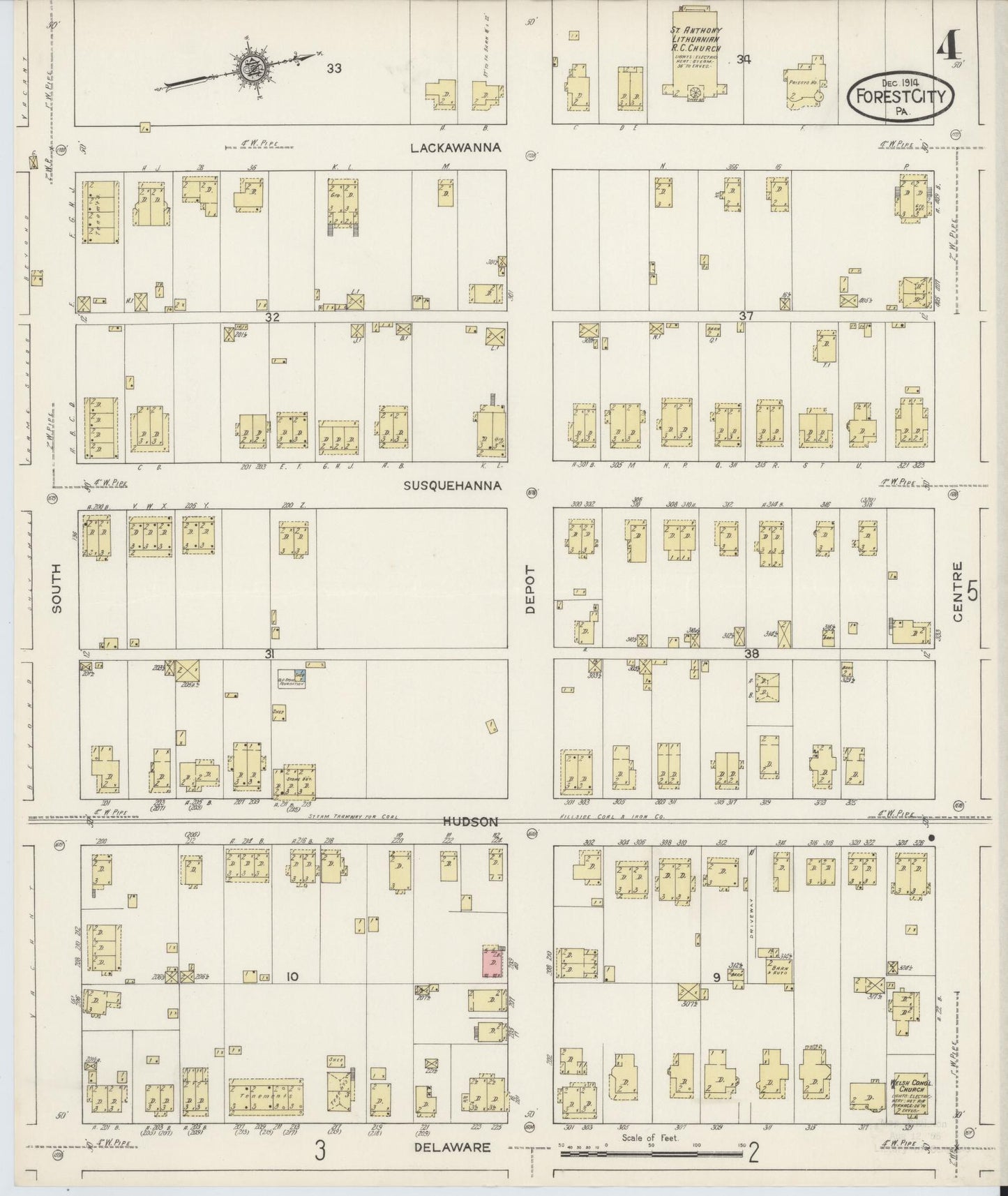 Sanborn Fire Insurance Map from Forest City, Susquehanna County, Pennsylvania (1914), Sheet #0004 - Historic Sanborn Fire Insurance Map Print, vintage old map wall art, antique decor, genealogy gift, Pennsylvania Pennsylvania map