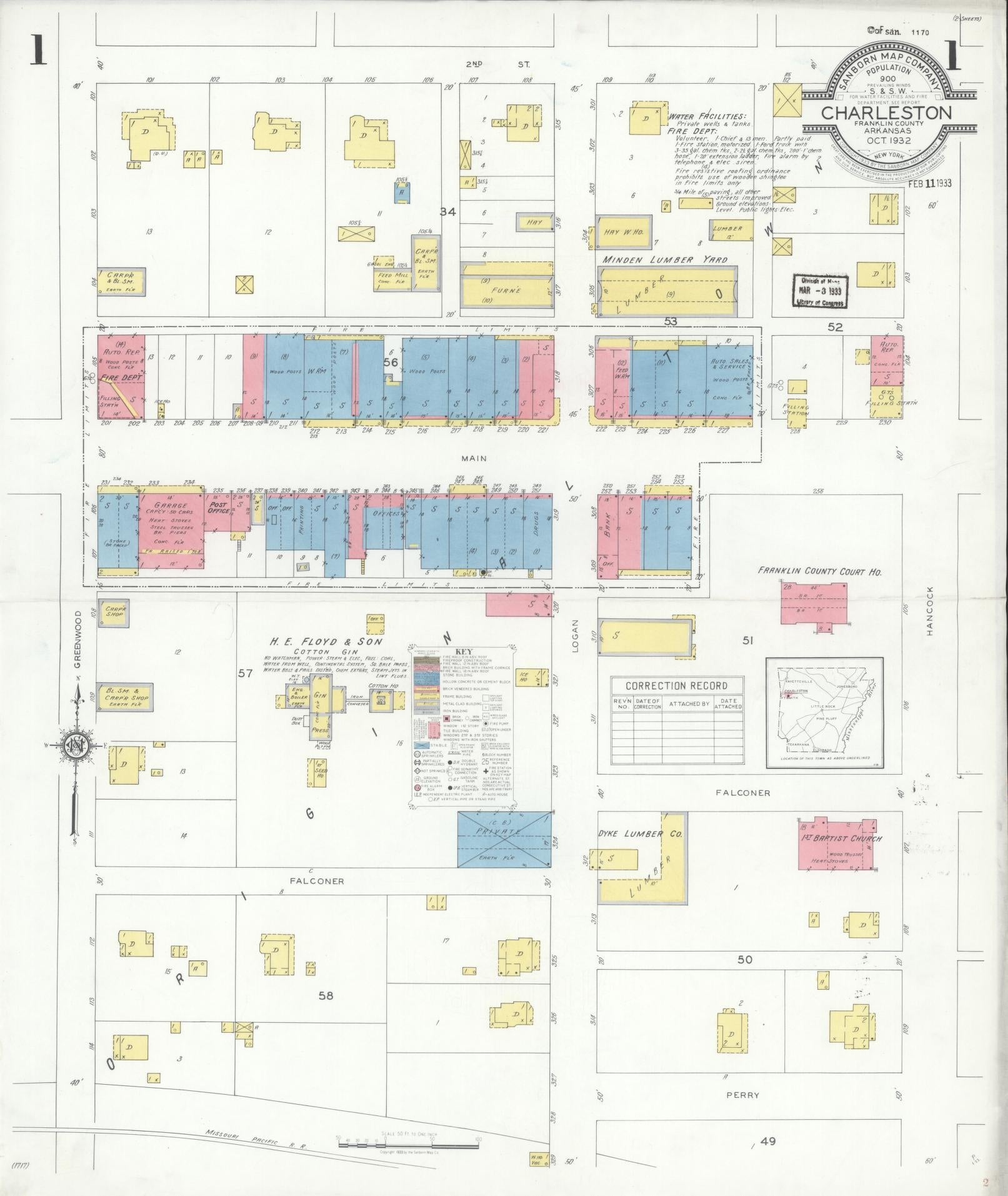 Sanborn Fire Insurance Map from Charleston, Franklin County, Arkansas (1932), Sheet #0001 - Historic Sanborn Fire Insurance Map Print, vintage old map wall art, antique decor, genealogy gift, Arkansas Arkansas map