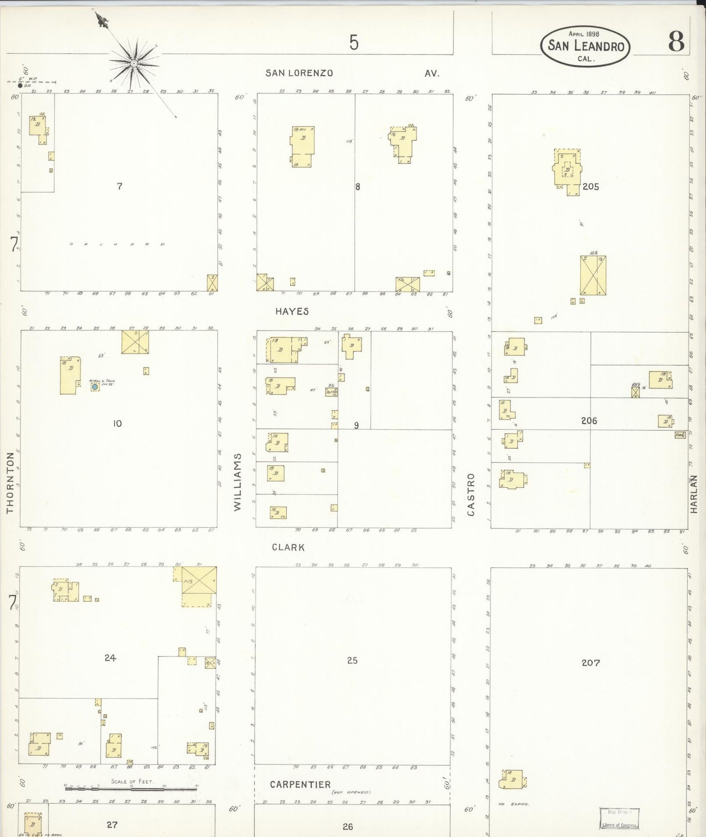 Sanborn Fire Insurance Map from San Leandro, Alameda County, California (1898), Sheet #0008 - Complete Map Set gallery image, historic Sanborn map, vintage wall art, California California