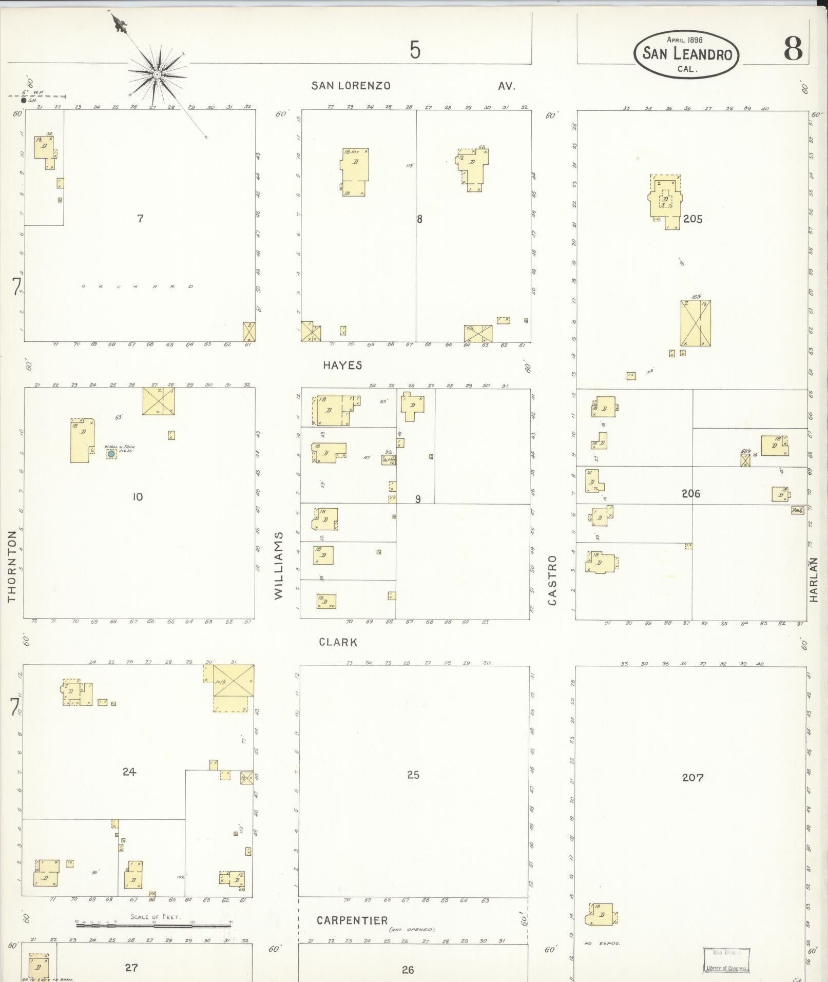 Sanborn Fire Insurance Map from San Leandro, Alameda County, California (1898), Sheet #0008 - Complete Map Set gallery image, historic Sanborn map, vintage wall art, California California