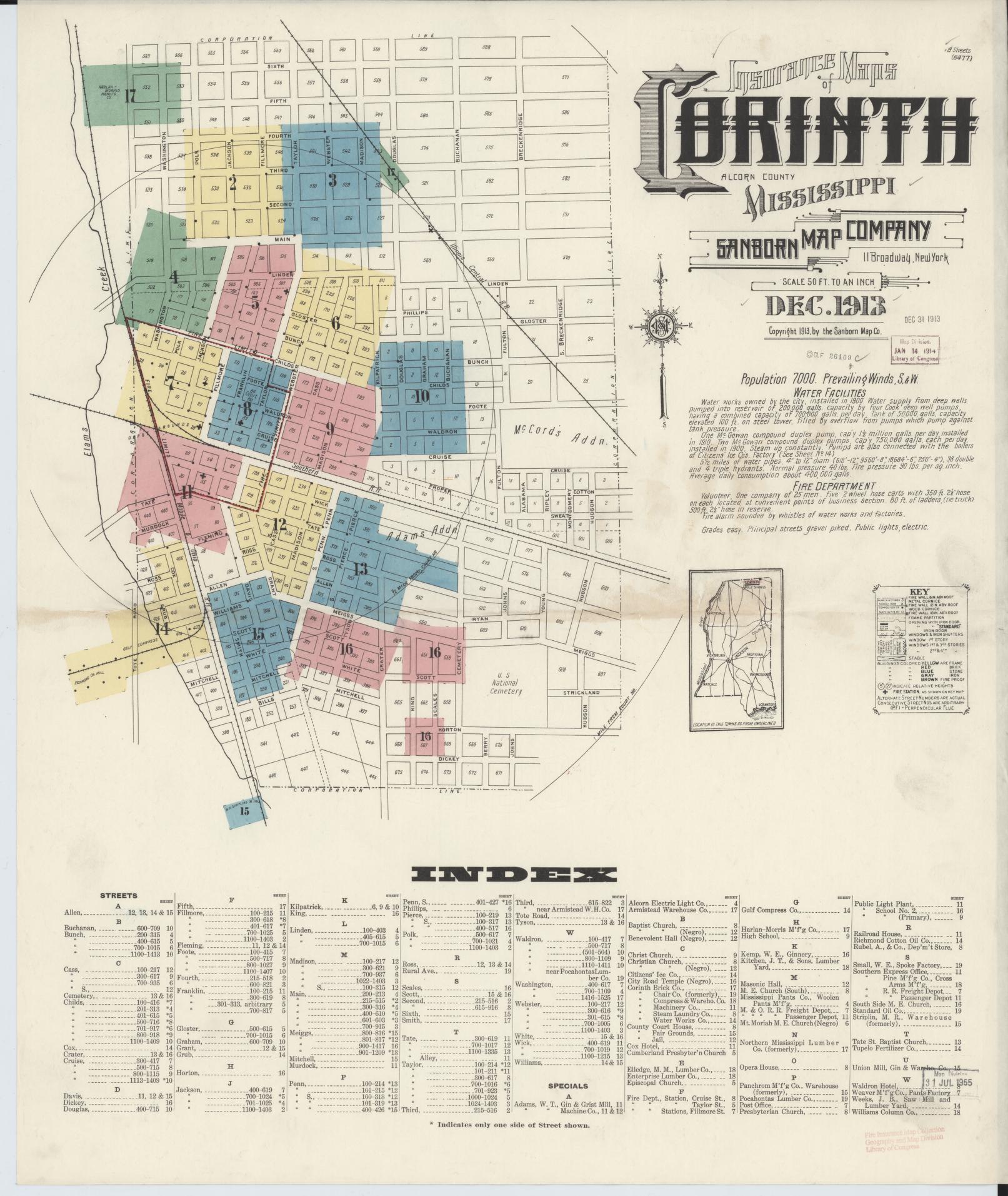 Sanborn Fire Insurance Map from Corinth, Alcorn County, Mississippi (1913), Sheet #0001 - Complete Map Set gallery image, historic Sanborn map, vintage wall art, Mississippi Mississippi