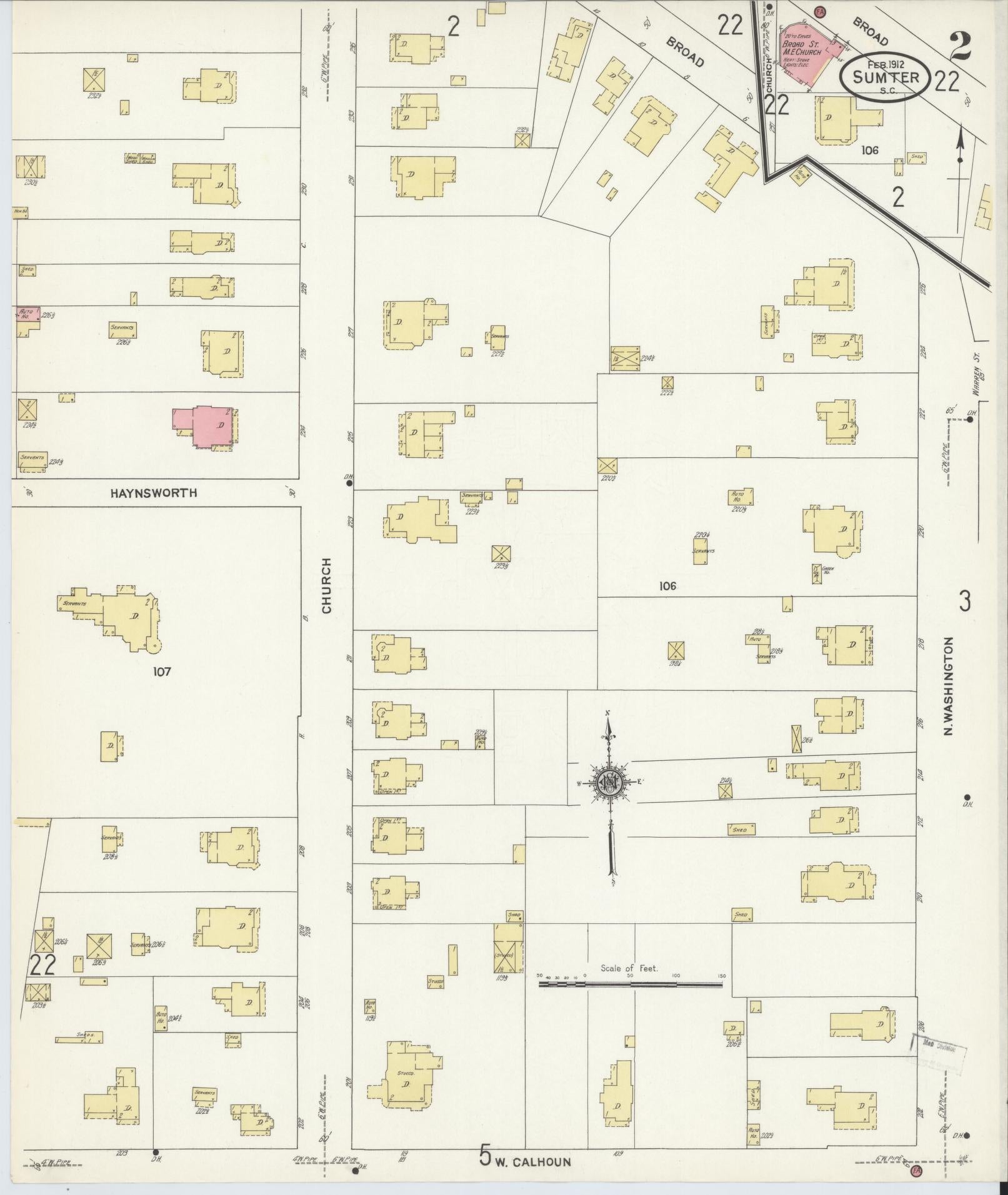 Sanborn Fire Insurance Map from Sumter, Sumter County, South Carolina (1912), Sheet #0002 - Historic Sanborn Fire Insurance Map Print, vintage old map wall art, antique decor, genealogy gift, South Carolina South Carolina map