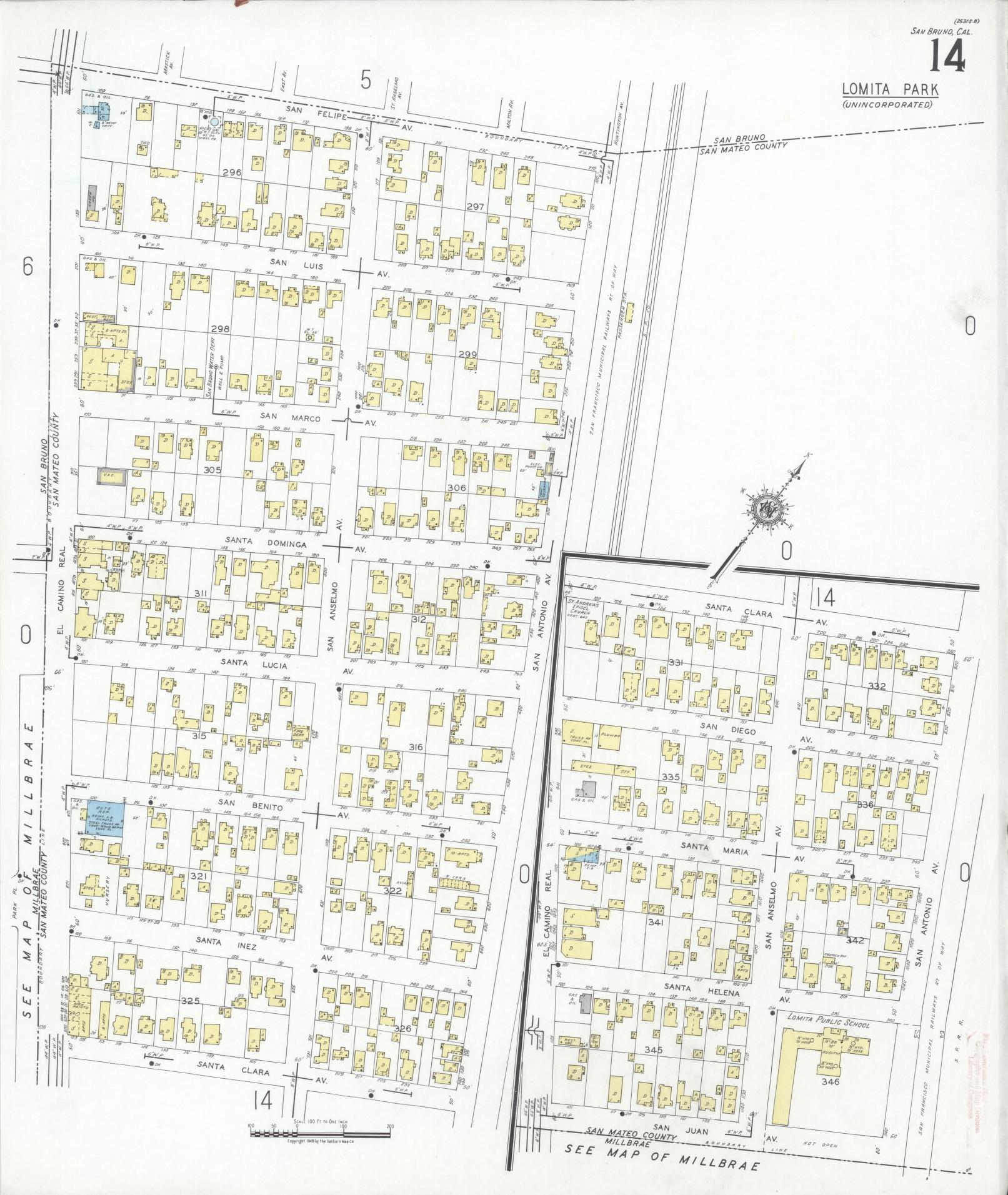Sanborn Fire Insurance Map from San Bruno, San Mateo County, California (1949), Sheet #0014 - Complete Map Set gallery image, historic Sanborn map, vintage wall art, California California