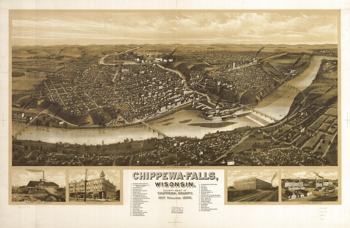 Chippewa-Falls, Wisonsin [sic] county-seat of Chippewa County 1907. (1907) – Historic Bird’s-Eye View Panorama Print