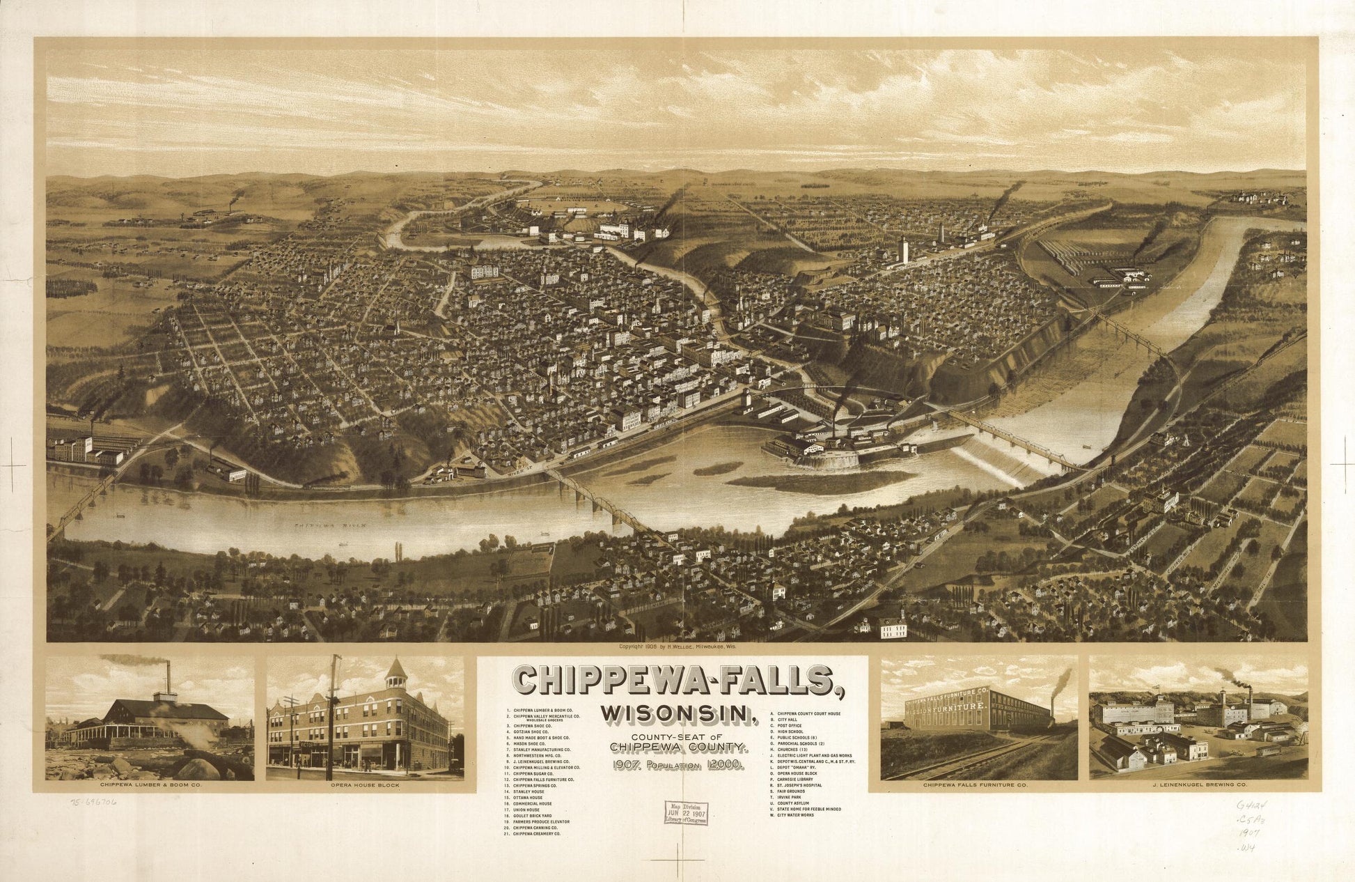 Chippewa-Falls, Wisonsin [sic] county-seat of Chippewa County 1907. (1907) – Historic Bird’s-Eye View Panorama Print