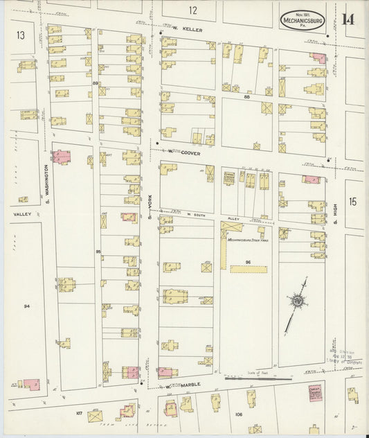 Sanborn Fire Insurance Map from Mechanicsburg, Cumberland County, Pennsylvania (1911), Sheet #0014 - Historic Sanborn Fire Insurance Map Print, vintage old map wall art, antique decor, genealogy gift, Pennsylvania Pennsylvania map