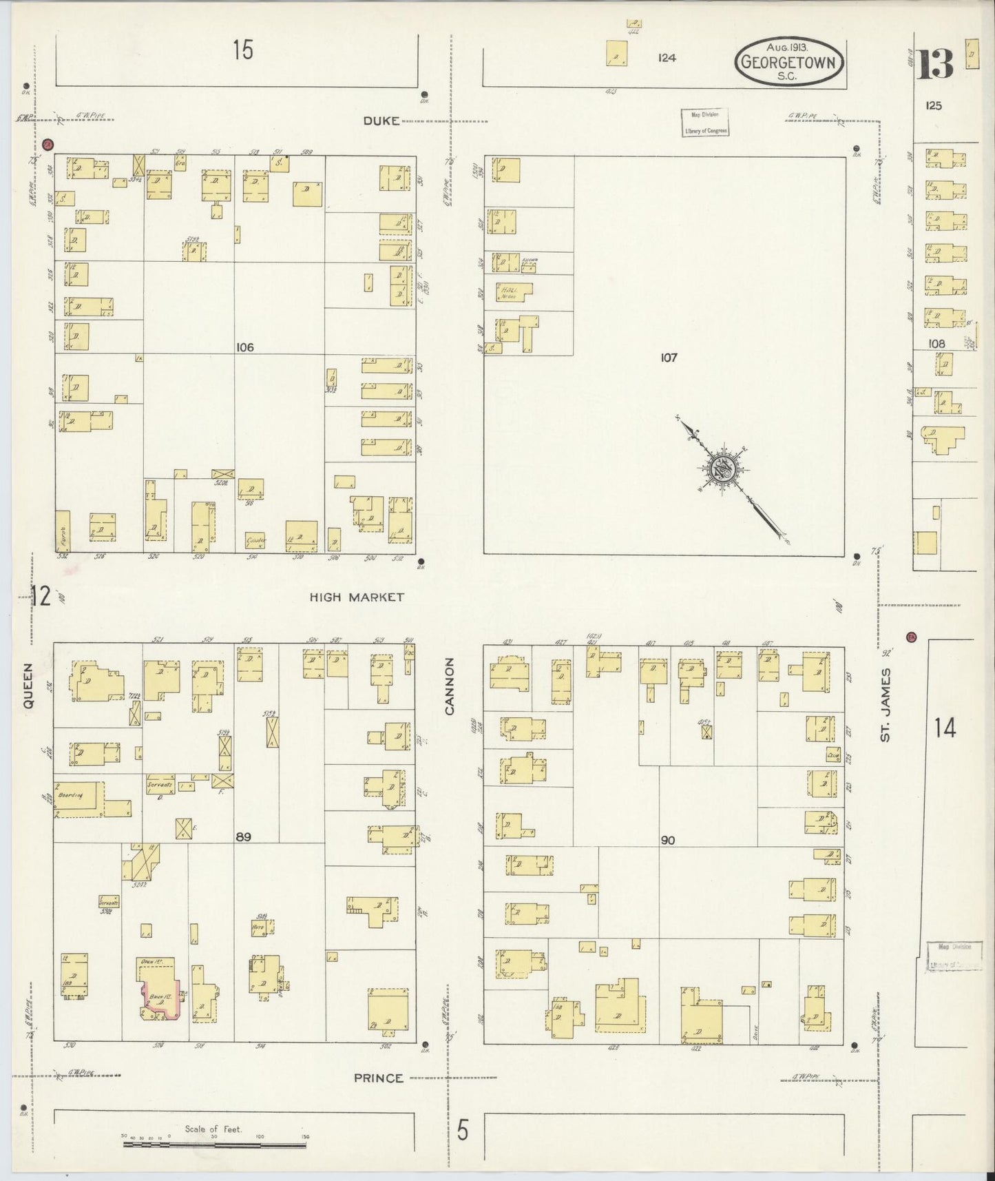 Sanborn Fire Insurance Map from Georgetown, Georgetown County, South Carolina (1913), Sheet #0013 - Historic Sanborn Fire Insurance Map Print, vintage old map wall art, antique decor, genealogy gift, South Carolina South Carolina map
