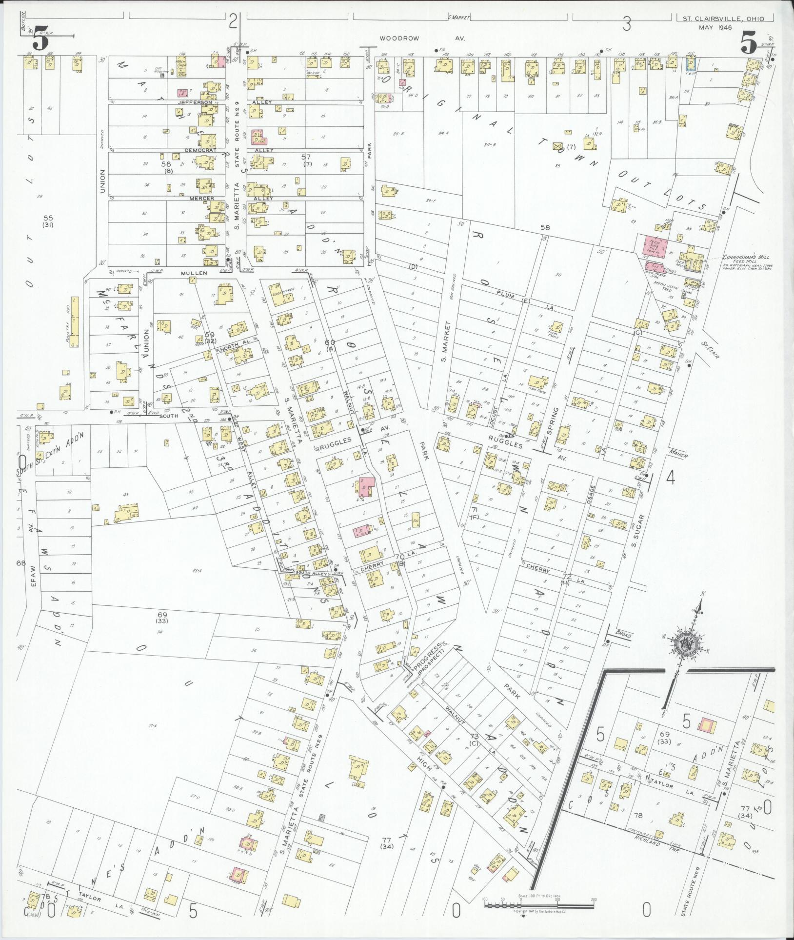 Sanborn Fire Insurance Map from Saint Clairsville, Belmont County, Ohio (1946), Sheet #0005 - Historic Sanborn Fire Insurance Map Print, vintage old map wall art, antique decor, genealogy gift, Ohio Ohio map