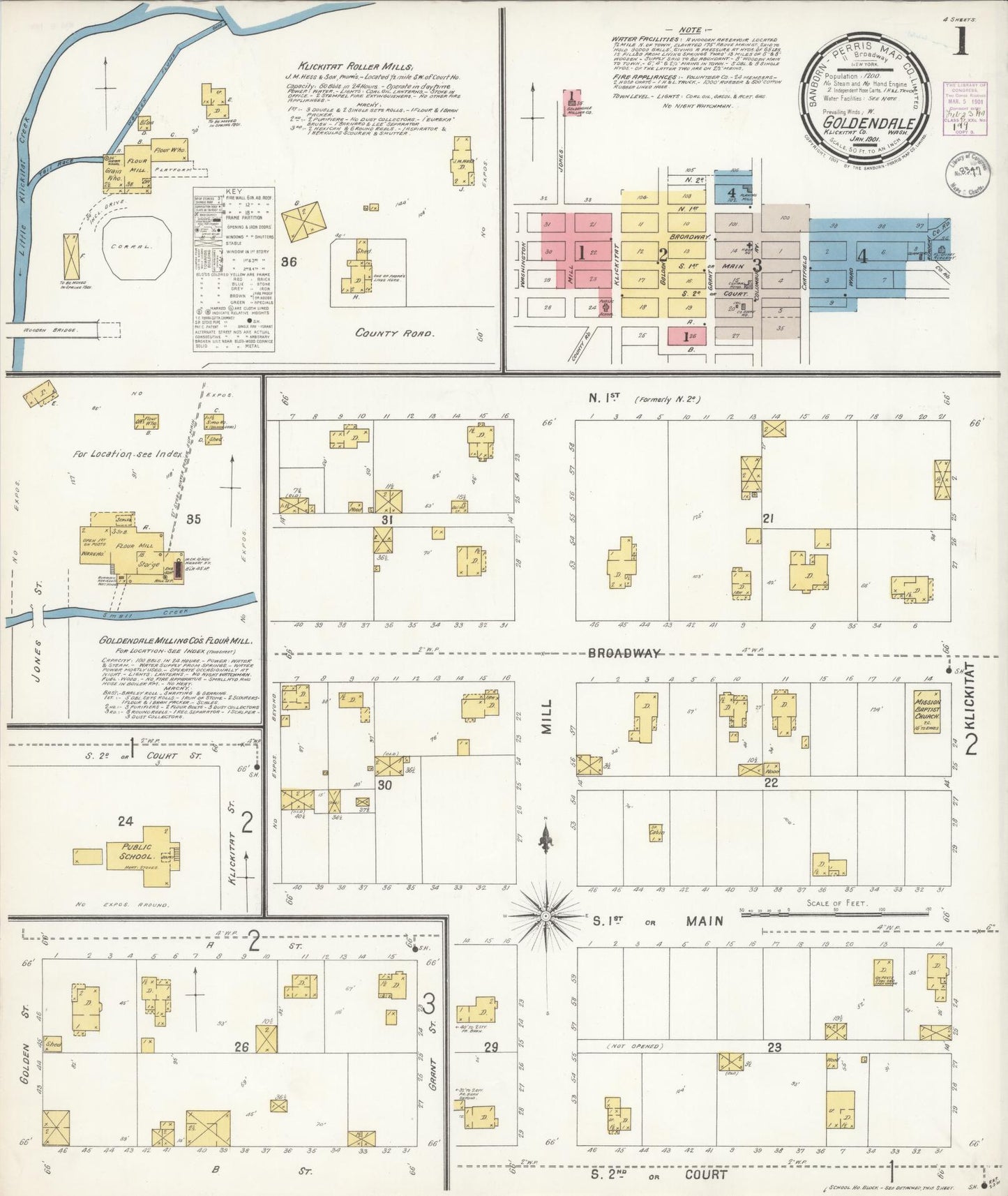 Sanborn Fire Insurance Map from Goldendale, Klickitat County, Washington (1901), Sheet #0001 - Complete Map Set gallery image, historic Sanborn map, vintage wall art, Washington Washington