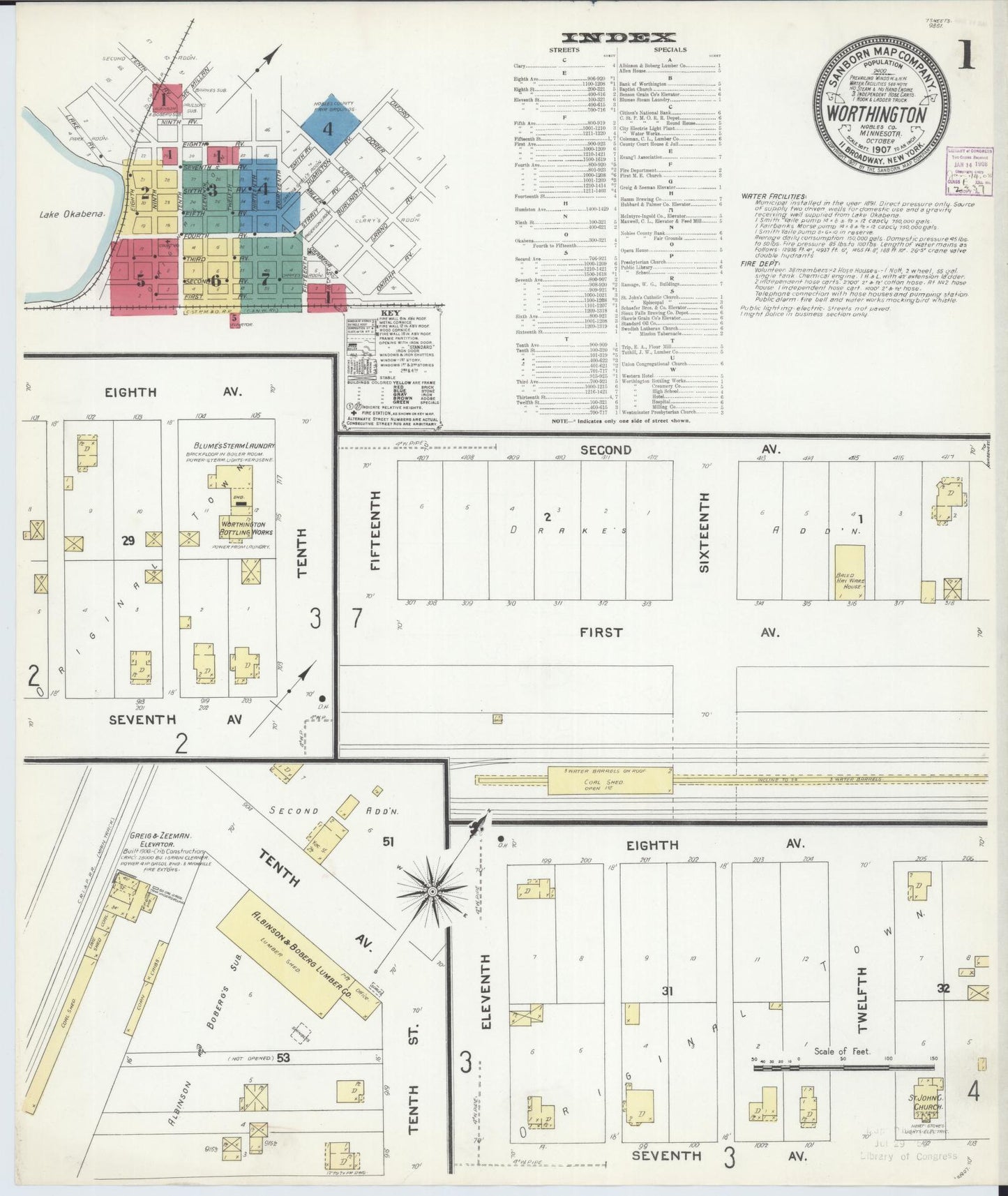 Sanborn Fire Insurance Map from Worthington, Nobles County, Minnesota (1907), Sheet #0001 - Complete Map Set gallery image, historic Sanborn map, vintage wall art, Minnesota Minnesota
