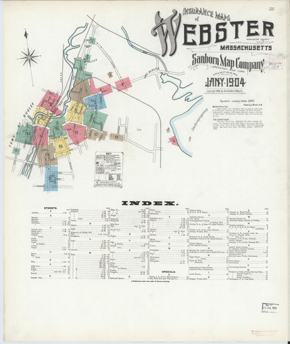 Sanborn Fire Insurance Map from Webster, Worcester County, Massachusetts (1904), Sheet #0001 - Historic Sanborn Fire Insurance Map Print, vintage old map wall art, antique decor, genealogy gift, Massachusetts Massachusetts map