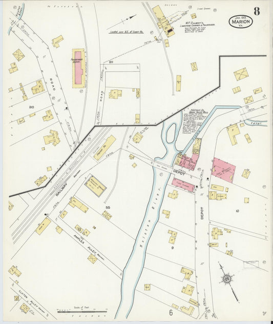 Sanborn Fire Insurance Map from Marion, Smyth County, Virginia (1913), Sheet #0008 - Historic Sanborn Fire Insurance Map Print, vintage old map wall art, antique decor, genealogy gift, Virginia Virginia map