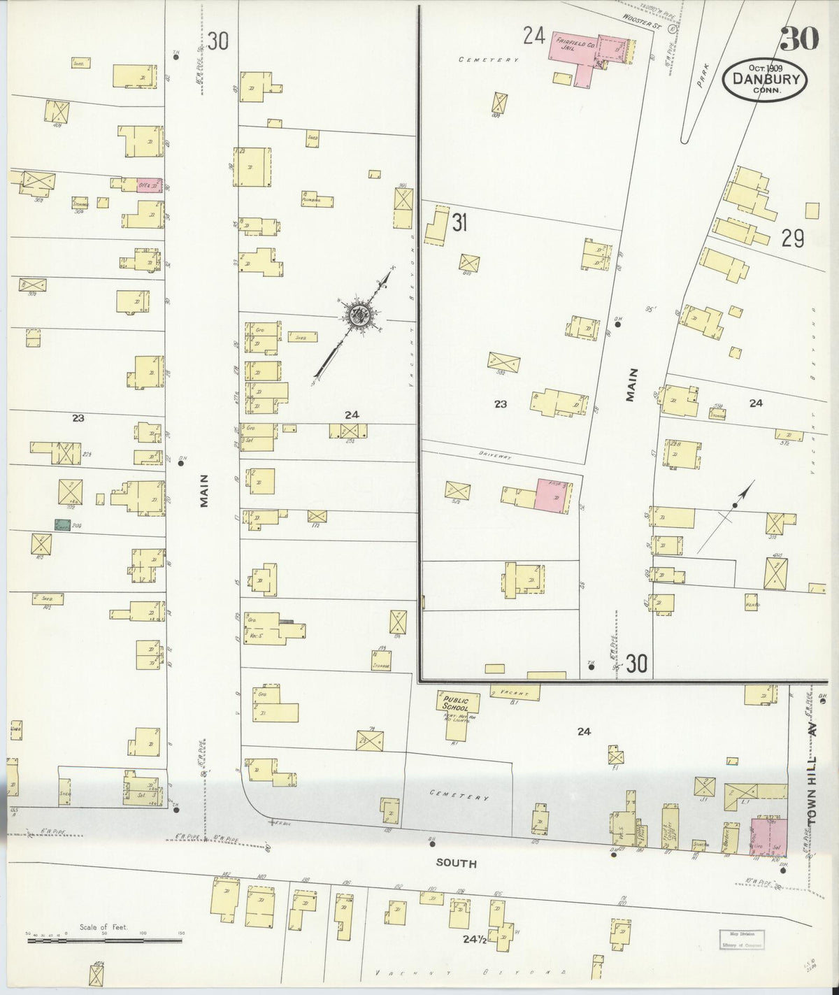 Sanborn Fire Insurance Map from Danbury, Fairfield County, Connecticut (1909), Sheet #0030 - Historic Sanborn Fire Insurance Map Print, vintage old map wall art, antique decor, genealogy gift, Connecticut Connecticut map