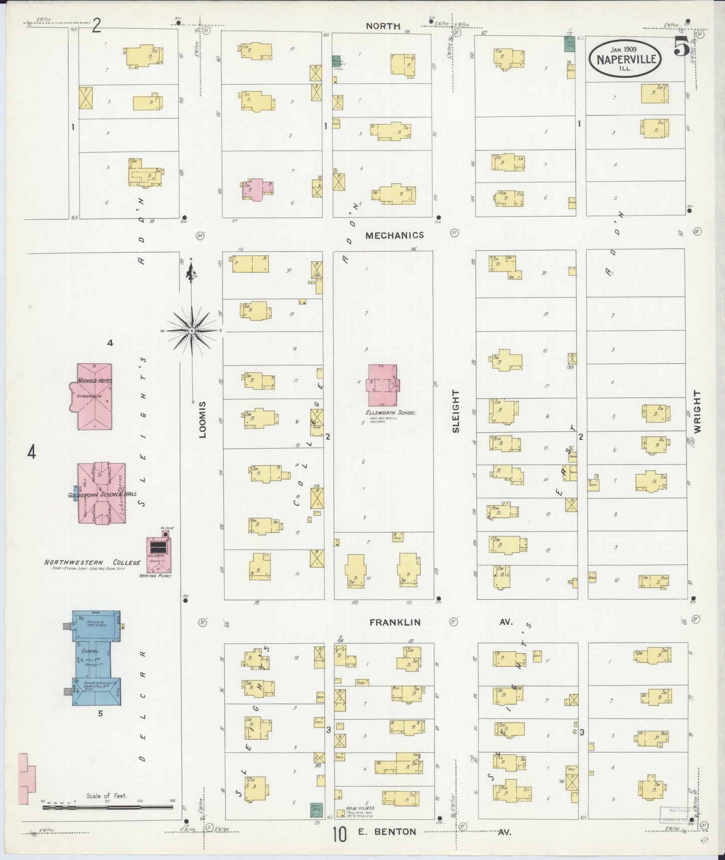 Sanborn Fire Insurance Map from Naperville, Du Page County, Illinois (1909), Sheet #0005 - Complete Map Set gallery image, historic Sanborn map, vintage wall art, Illinois Illinois