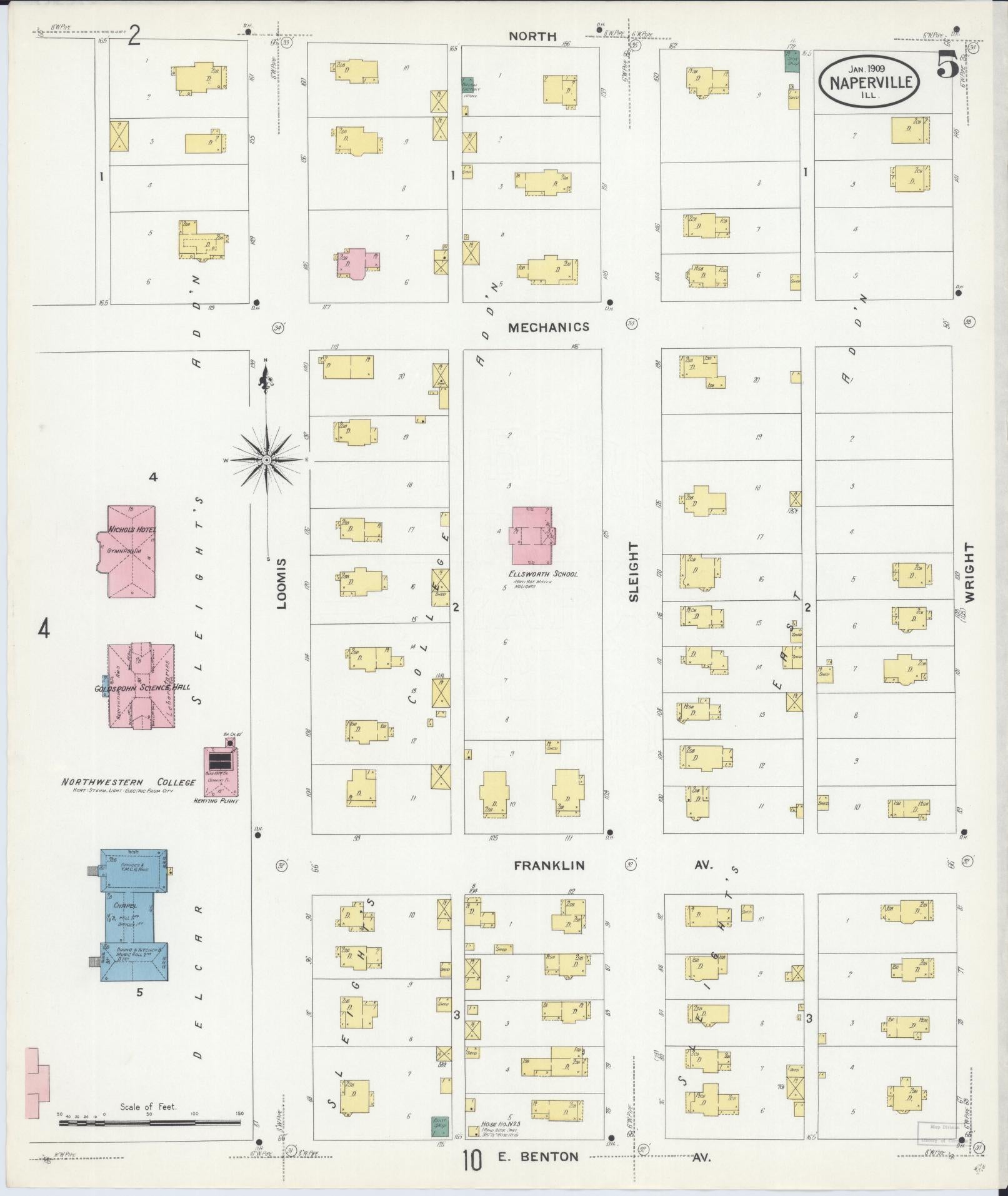 Sanborn Fire Insurance Map from Naperville, Du Page County, Illinois (1909), Sheet #0005 - Complete Map Set gallery image, historic Sanborn map, vintage wall art, Illinois Illinois