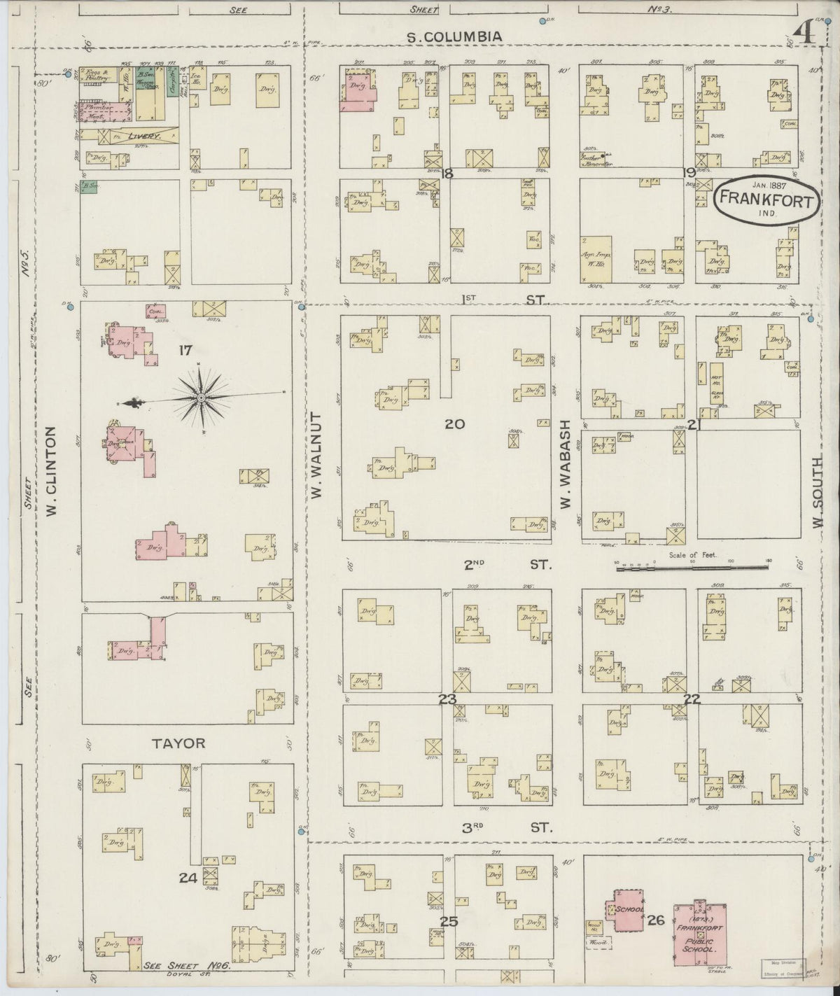 Sanborn Fire Insurance Map from Frankfort, Clinton County, Indiana (1887), Sheet #0004 - Historic Sanborn Fire Insurance Map Print, vintage old map wall art, antique decor, genealogy gift, Indiana Indiana map