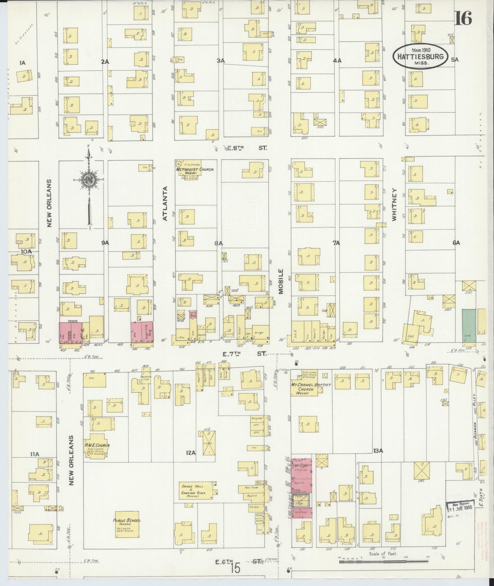 Sanborn Fire Insurance Map from Hattiesburg, Forrest County, Mississippi (1910), Sheet #0016 - Complete Map Set gallery image, historic Sanborn map, vintage wall art, Mississippi Mississippi
