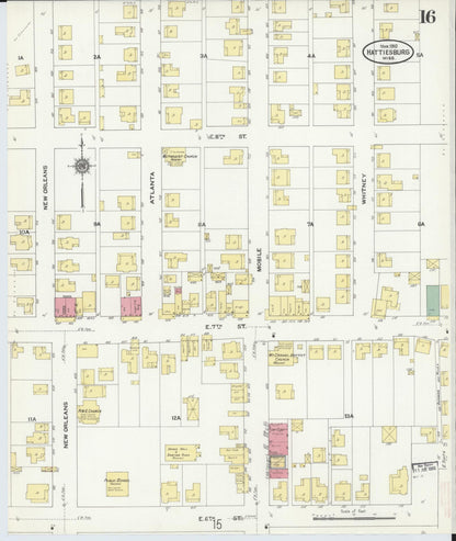Sanborn Fire Insurance Map from Hattiesburg, Forrest County, Mississippi (1910), Sheet #0016 - Complete Map Set gallery image, historic Sanborn map, vintage wall art, Mississippi Mississippi