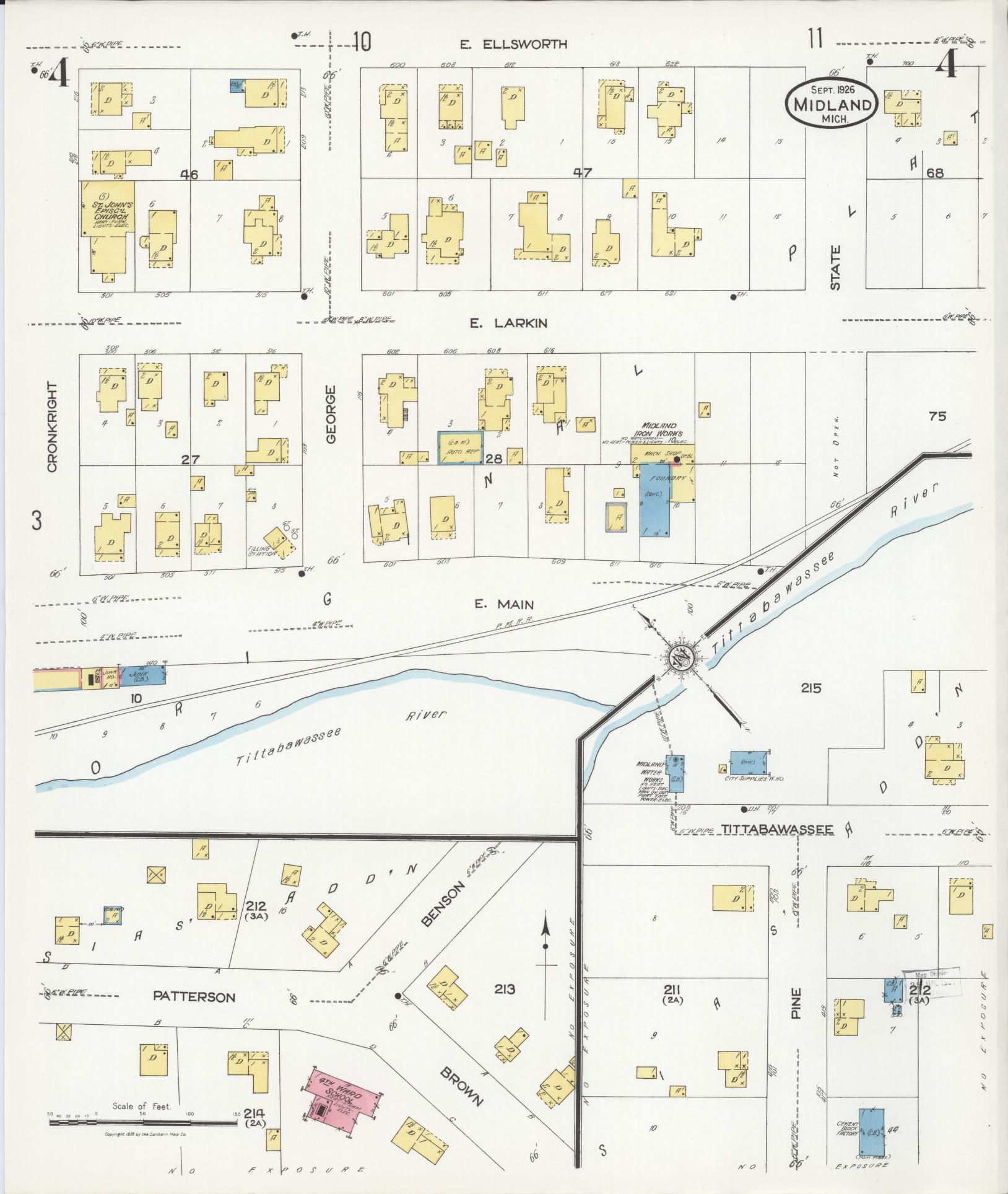 Sanborn Fire Insurance Map from Midland, Midland County, Michigan (1926), Sheet #0004 - Complete Map Set gallery image, historic Sanborn map, vintage wall art, Michigan Michigan