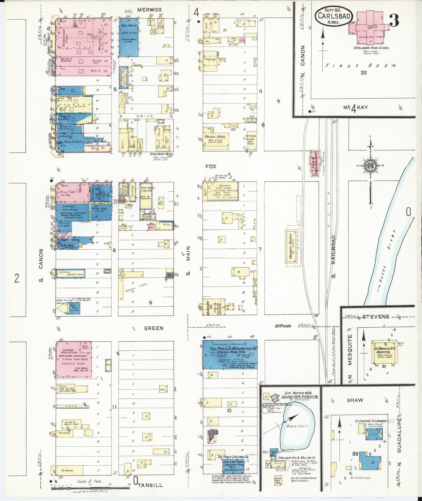 Sanborn Fire Insurance Map from Carlsbad, Eddy County, New Mexico (1921), Sheet #0003 - Historic Sanborn Fire Insurance Map Print, vintage old map wall art, antique decor, genealogy gift, New Mexico New Mexico map