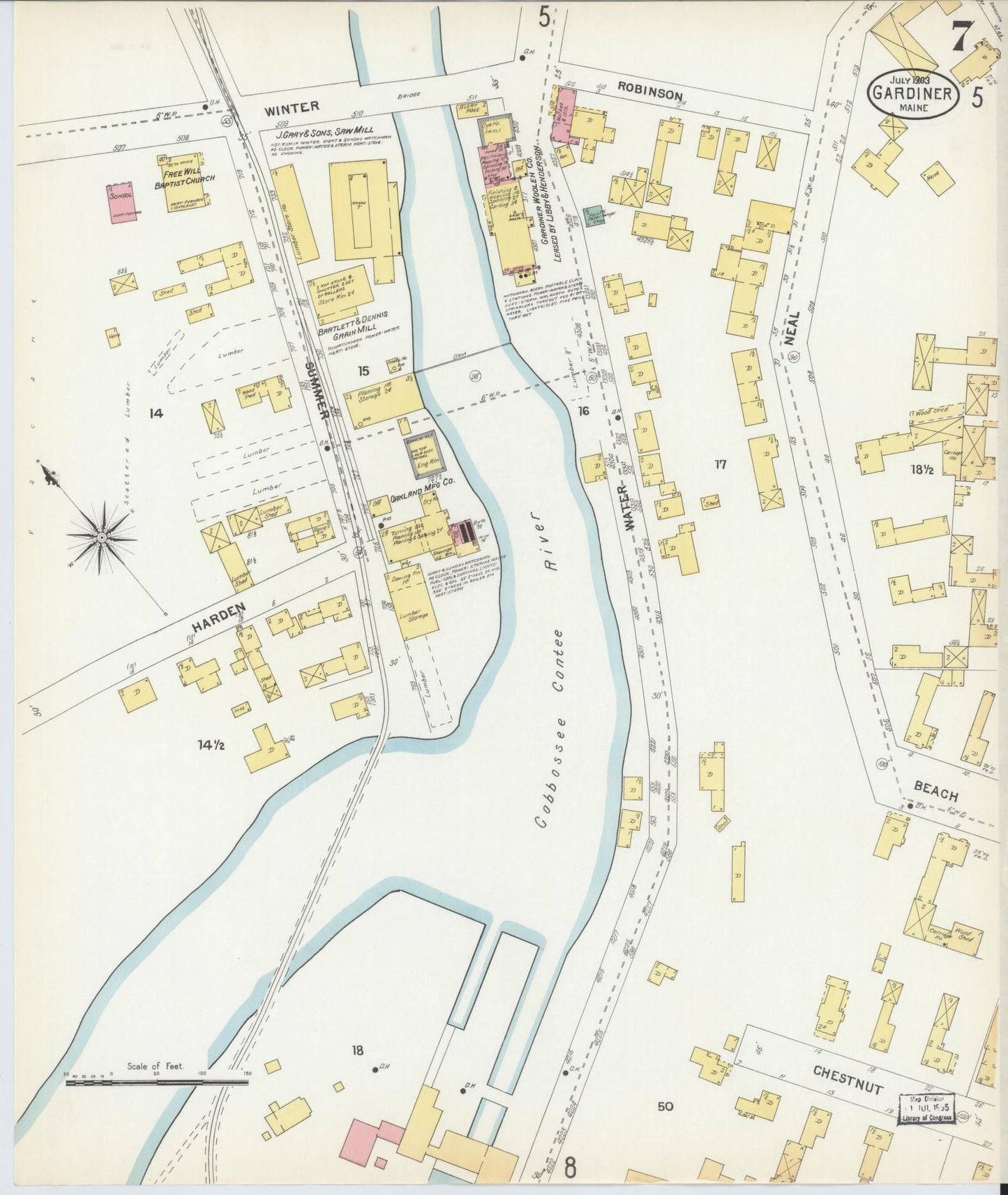 Sanborn Fire Insurance Map from Gardiner, Kennebec County, Maine (1903), Sheet #0007 - Historic Sanborn Fire Insurance Map Print, vintage old map wall art, antique decor, genealogy gift, Maine Maine map