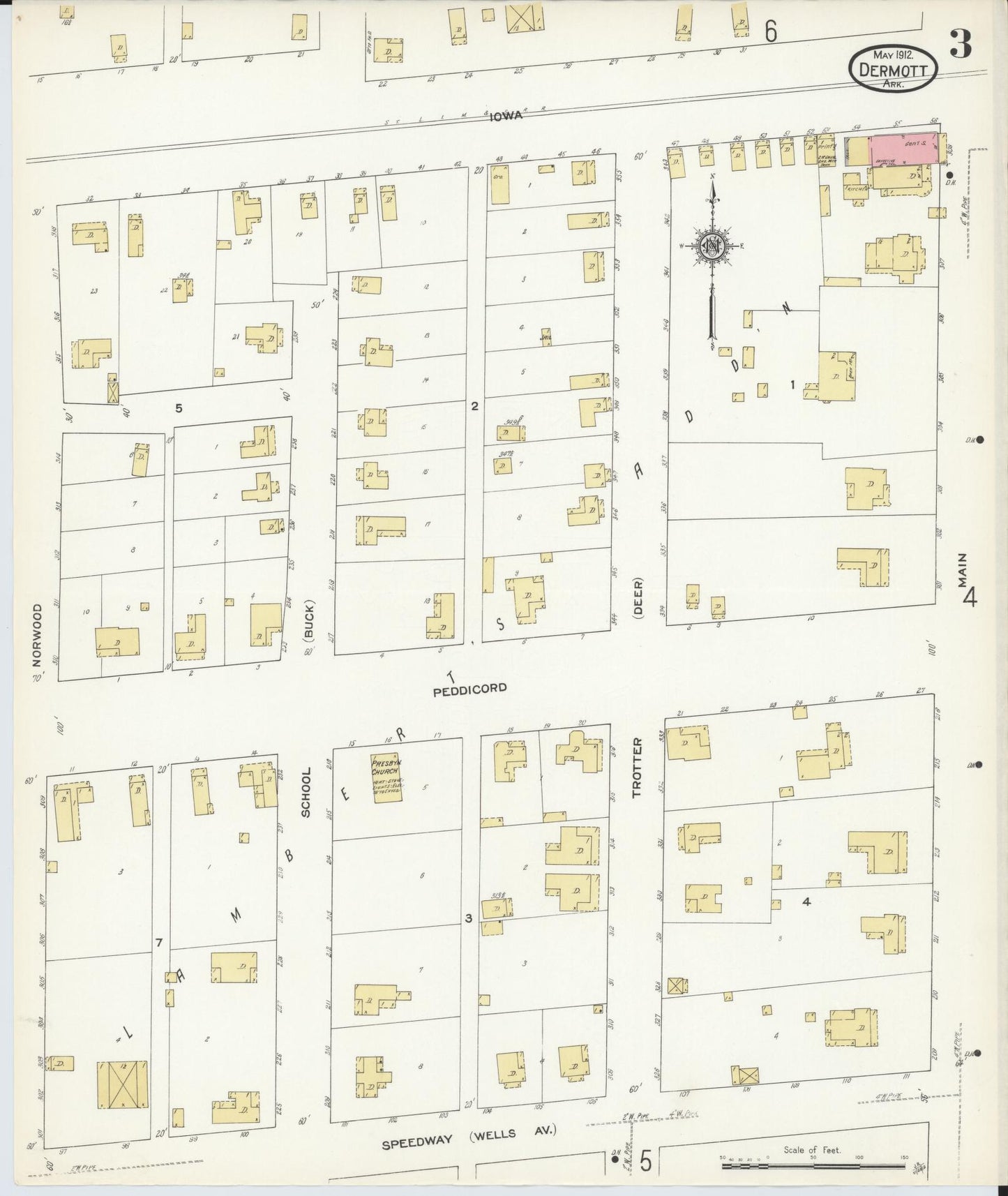 Sanborn Fire Insurance Map from Dermott, Chicot County, Arkansas (1912), Sheet #0003 - Complete Map Set gallery image, historic Sanborn map, vintage wall art, Arkansas Arkansas