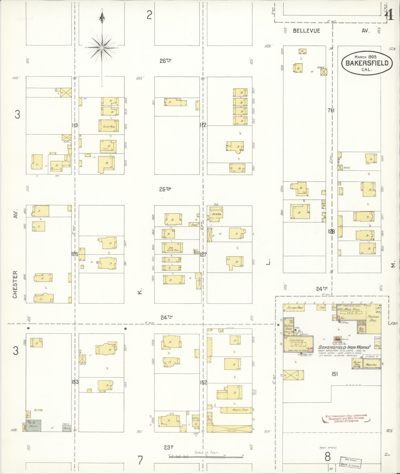 Sanborn Fire Insurance Map from Bakersfield, Kern County, California (1905), Sheet #0004 - Historic Sanborn Fire Insurance Map Print, vintage old map wall art, antique decor, genealogy gift, California California map