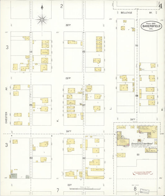 Sanborn Fire Insurance Map from Bakersfield, Kern County, California (1905), Sheet #0004 - Historic Sanborn Fire Insurance Map Print, vintage old map wall art, antique decor, genealogy gift, California California map