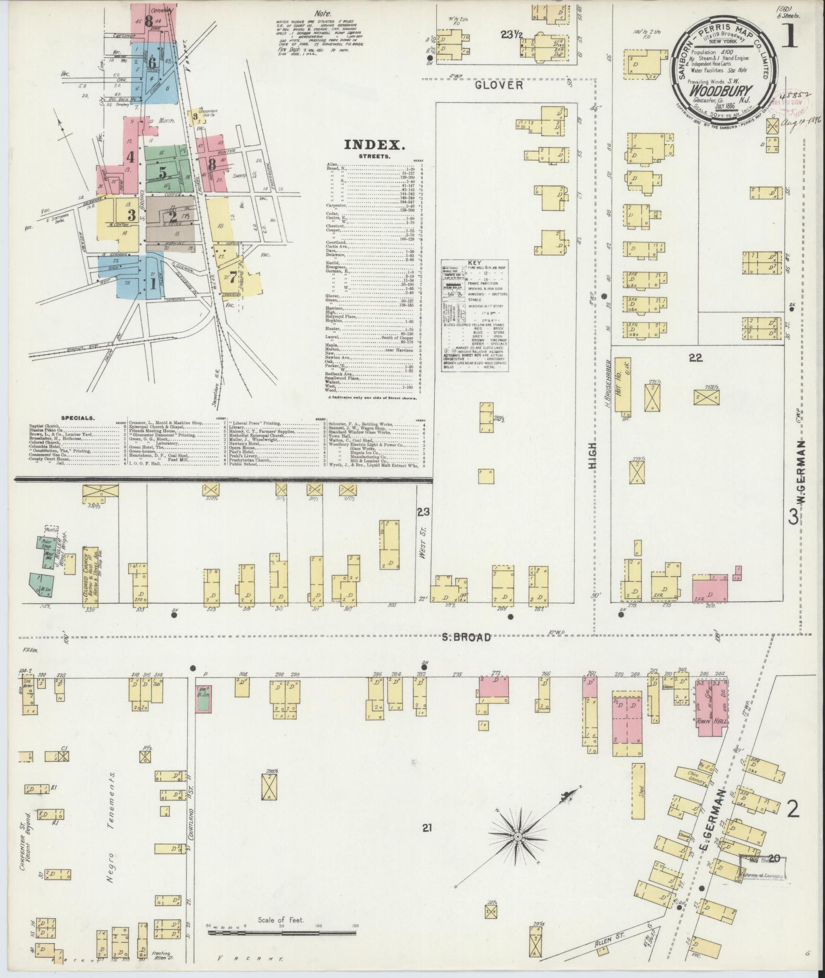 Sanborn Fire Insurance Map from Woodbury, Gloucester County, New Jersey (1896), Sheet #0001 - Complete Map Set gallery image, historic Sanborn map, vintage wall art, New Jersey New Jersey