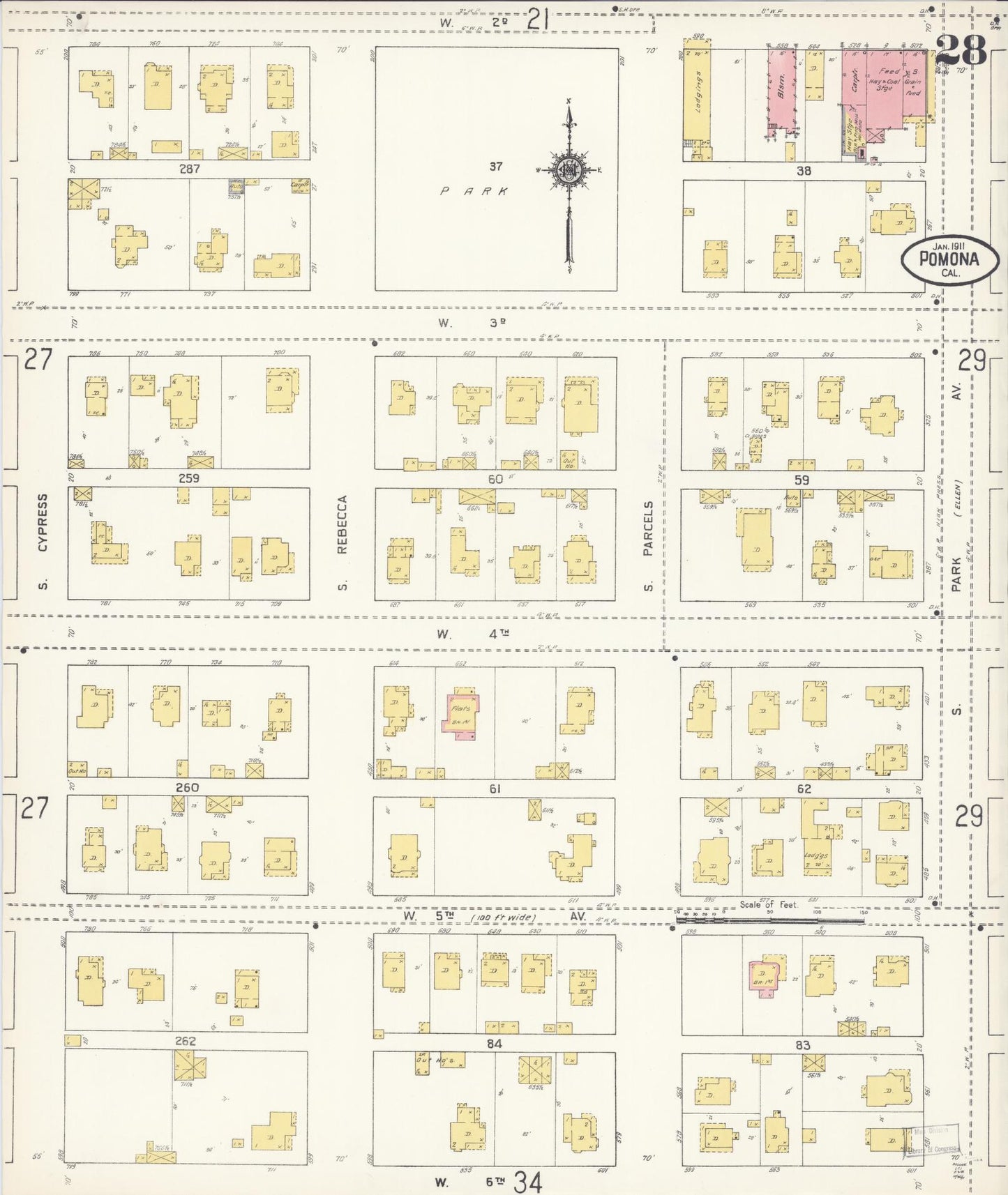 Sanborn Fire Insurance Map from Pomona, Los Angeles County, California (1911), Sheet #0028 - Complete Map Set gallery image, historic Sanborn map, vintage wall art, California California