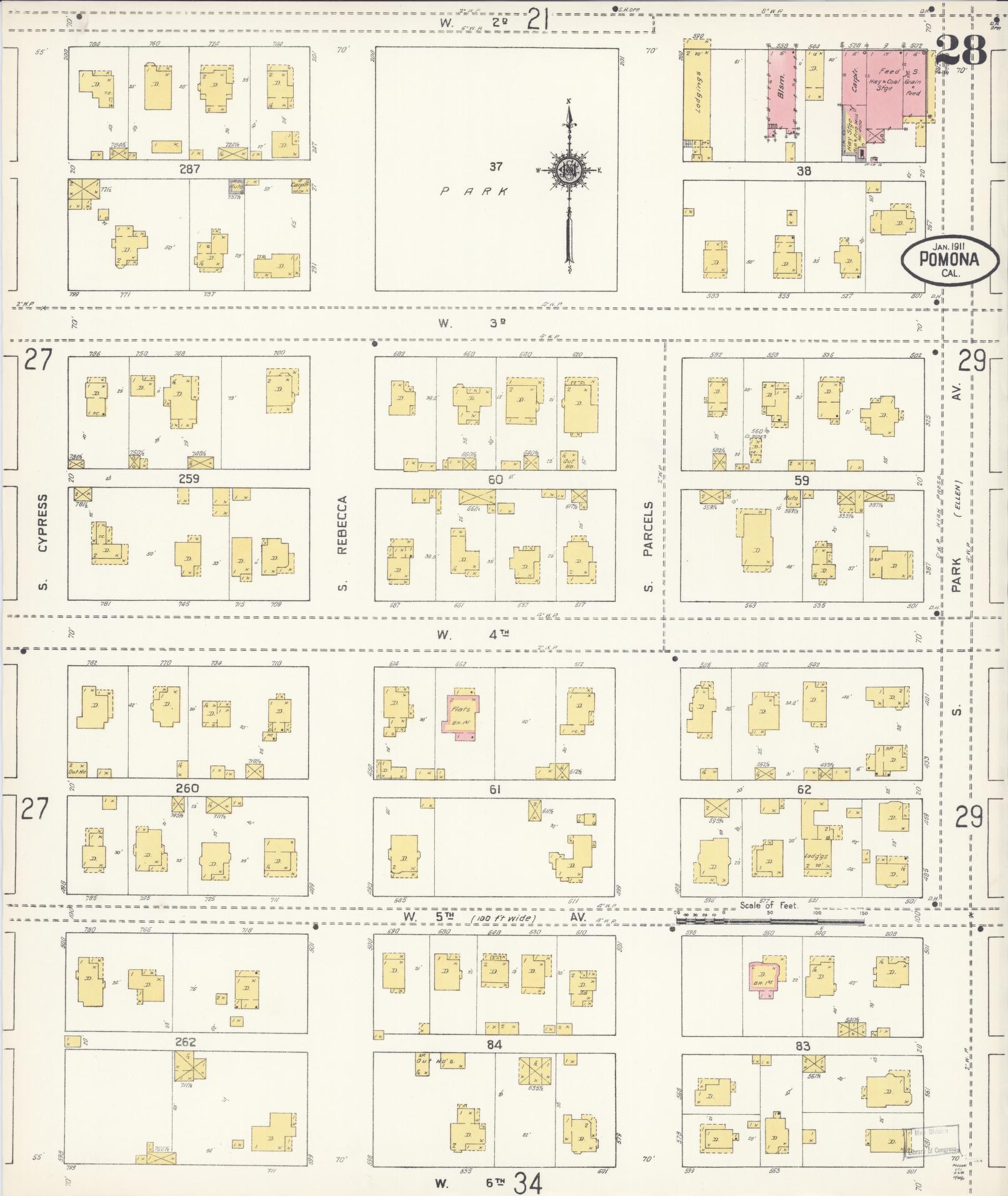 Sanborn Fire Insurance Map from Pomona, Los Angeles County, California (1911), Sheet #0028 - Complete Map Set gallery image, historic Sanborn map, vintage wall art, California California