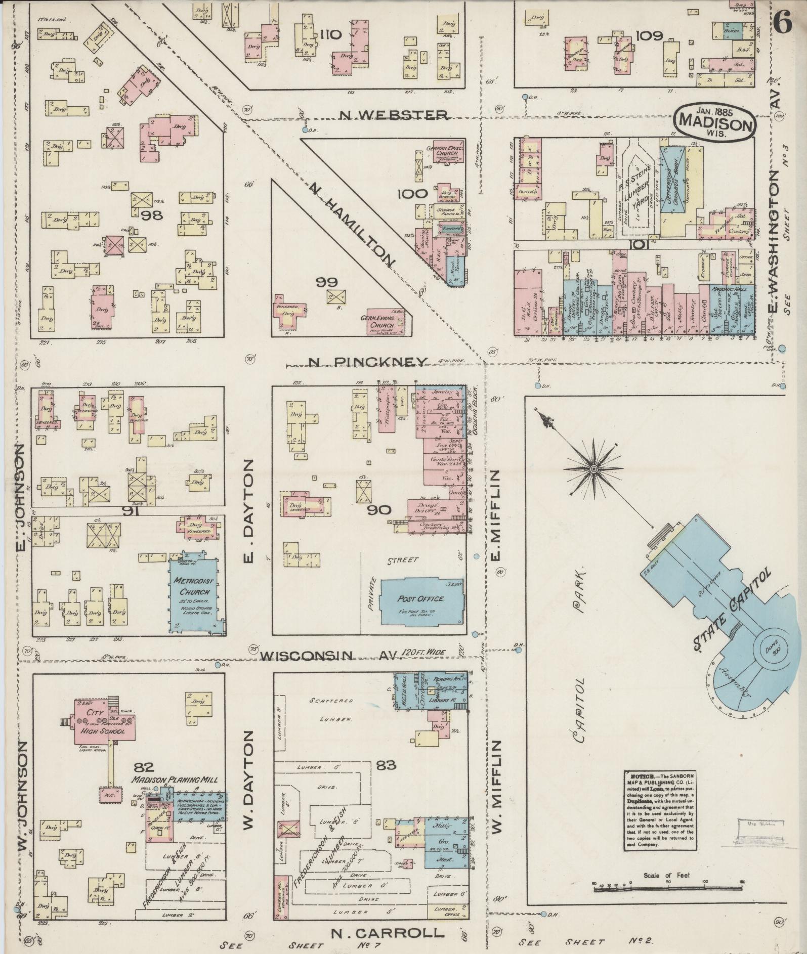 Sanborn Fire Insurance Map from Madison, Dane County, Wisconsin (1885), Sheet #0006 - Historic Sanborn Fire Insurance Map Print, vintage old map wall art, antique decor, genealogy gift, Wisconsin Wisconsin map