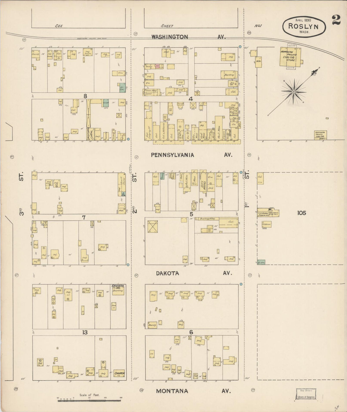 Sanborn Fire Insurance Map from Roslyn, Kittitas County, Washington (1890), Sheet #0002 - Historic Sanborn Fire Insurance Map Print, vintage old map wall art, antique decor, genealogy gift, Washington Washington map