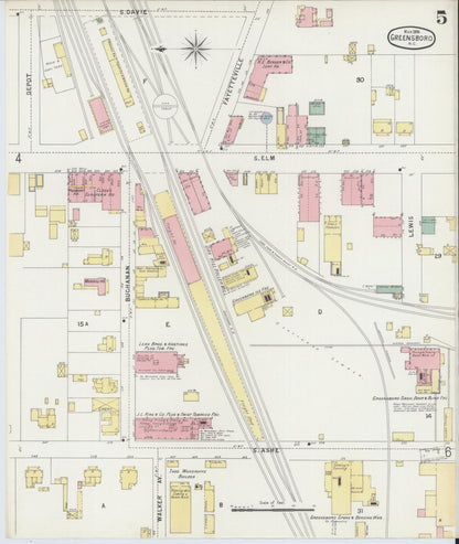Sanborn Fire Insurance Map from Greensboro, Guilford County, North Carolina (1896), Sheet #0005 - Historic Sanborn Fire Insurance Map Print, vintage old map wall art, antique decor, genealogy gift, North Carolina North Carolina map