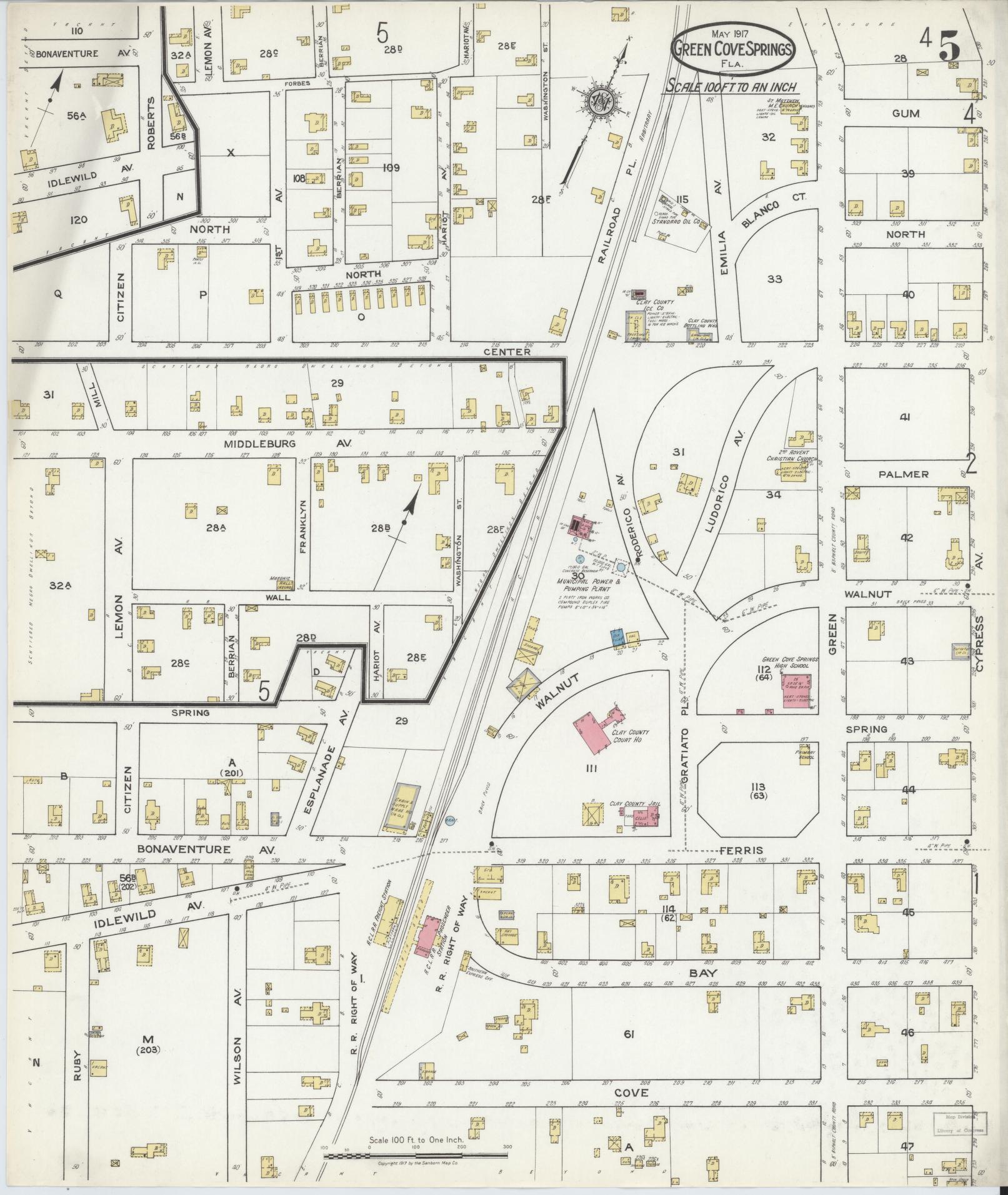 Sanborn Fire Insurance Map from Green Cove Springs, Clay County, Florida (1917), Sheet #0005 - Historic Sanborn Fire Insurance Map Print, vintage old map wall art, antique decor, genealogy gift, Florida Florida map