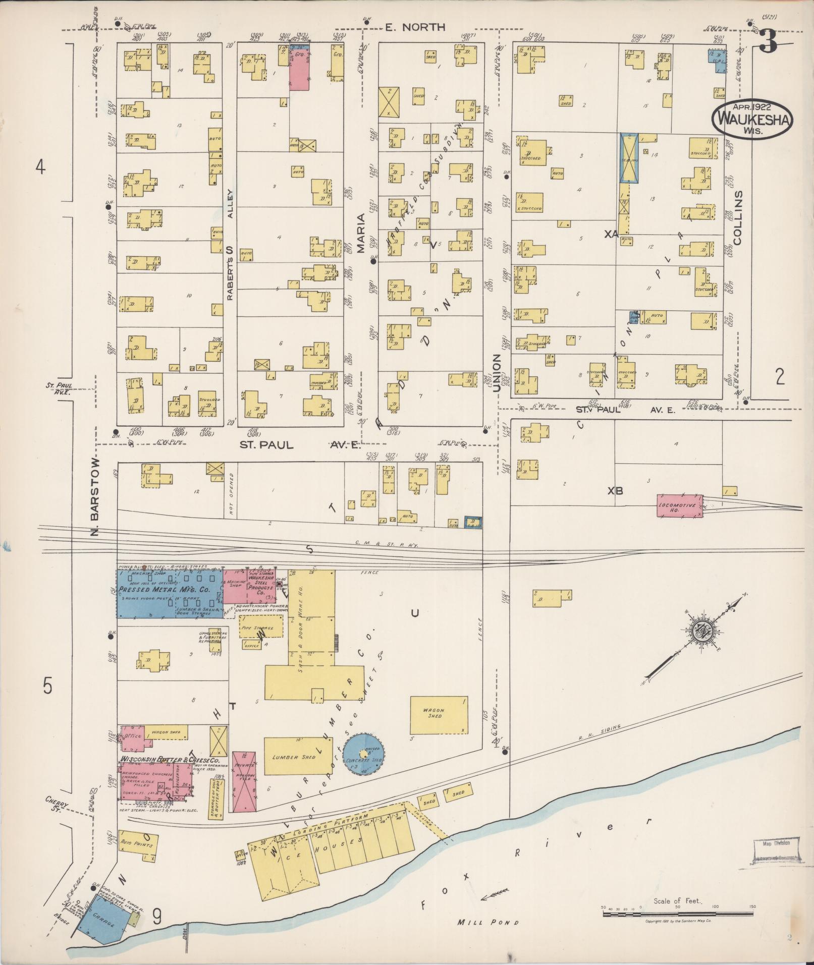 Sanborn Fire Insurance Map from Waukesha, Waukesha County, Wisconsin (1922), Sheet #0003 - Complete Map Set gallery image, historic Sanborn map, vintage wall art, Wisconsin Wisconsin