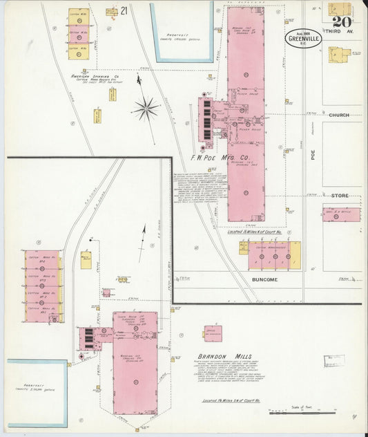 Sanborn Fire Insurance Map from Greenville, Greenville County, South Carolina (1908), Sheet #0020 - Historic Sanborn Fire Insurance Map Print, vintage old map wall art, antique decor, genealogy gift, South Carolina South Carolina map