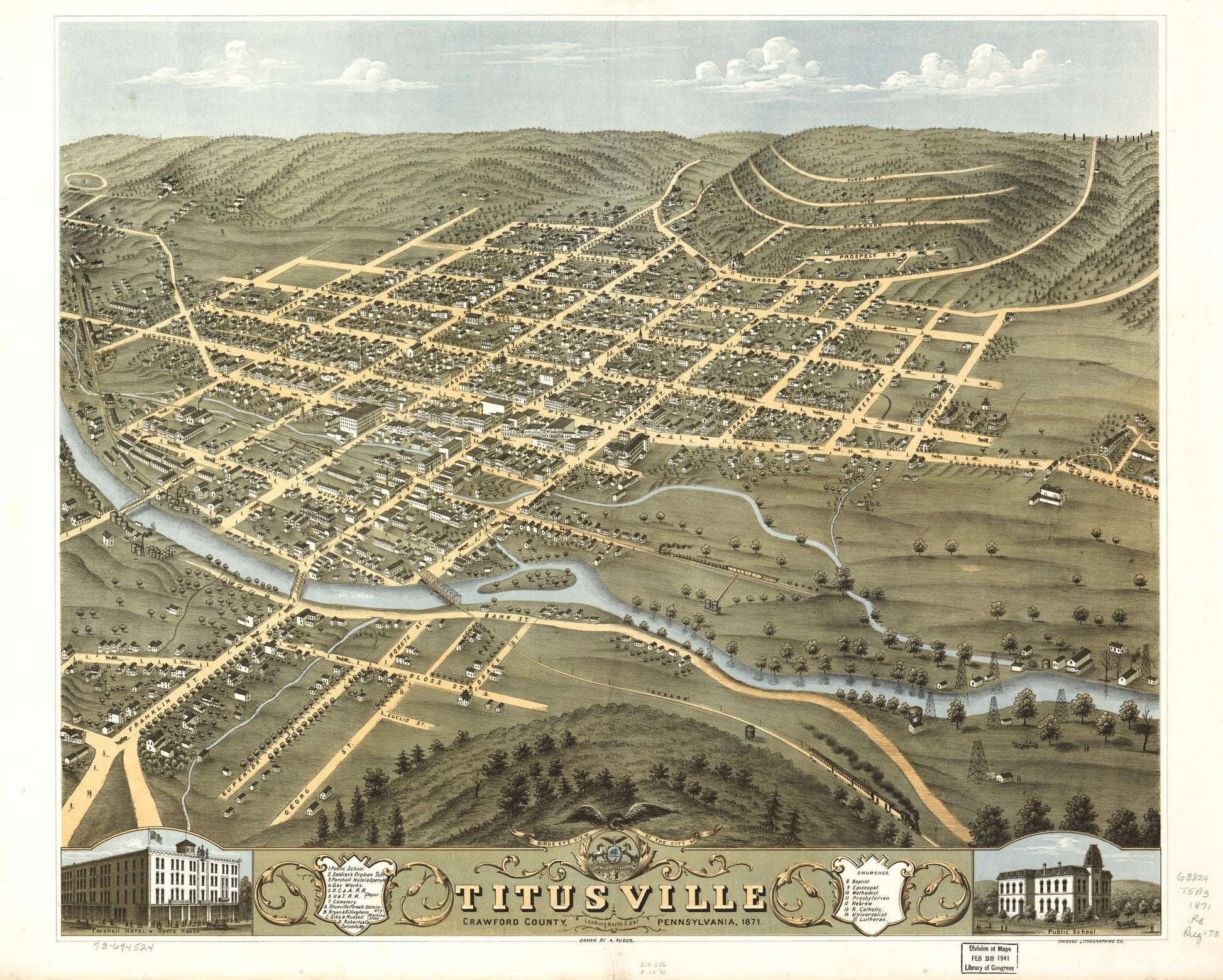 Birds eye view of the city of Titusville, Crawford County, Pennsylvania 1871. (1871) – Historic Bird’s-Eye View Panorama Print