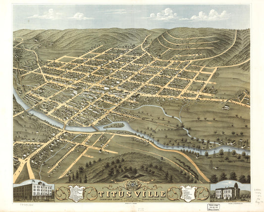 Birds eye view of the city of Titusville, Crawford County, Pennsylvania 1871. (1871) – Historic Bird’s-Eye View Panorama Print