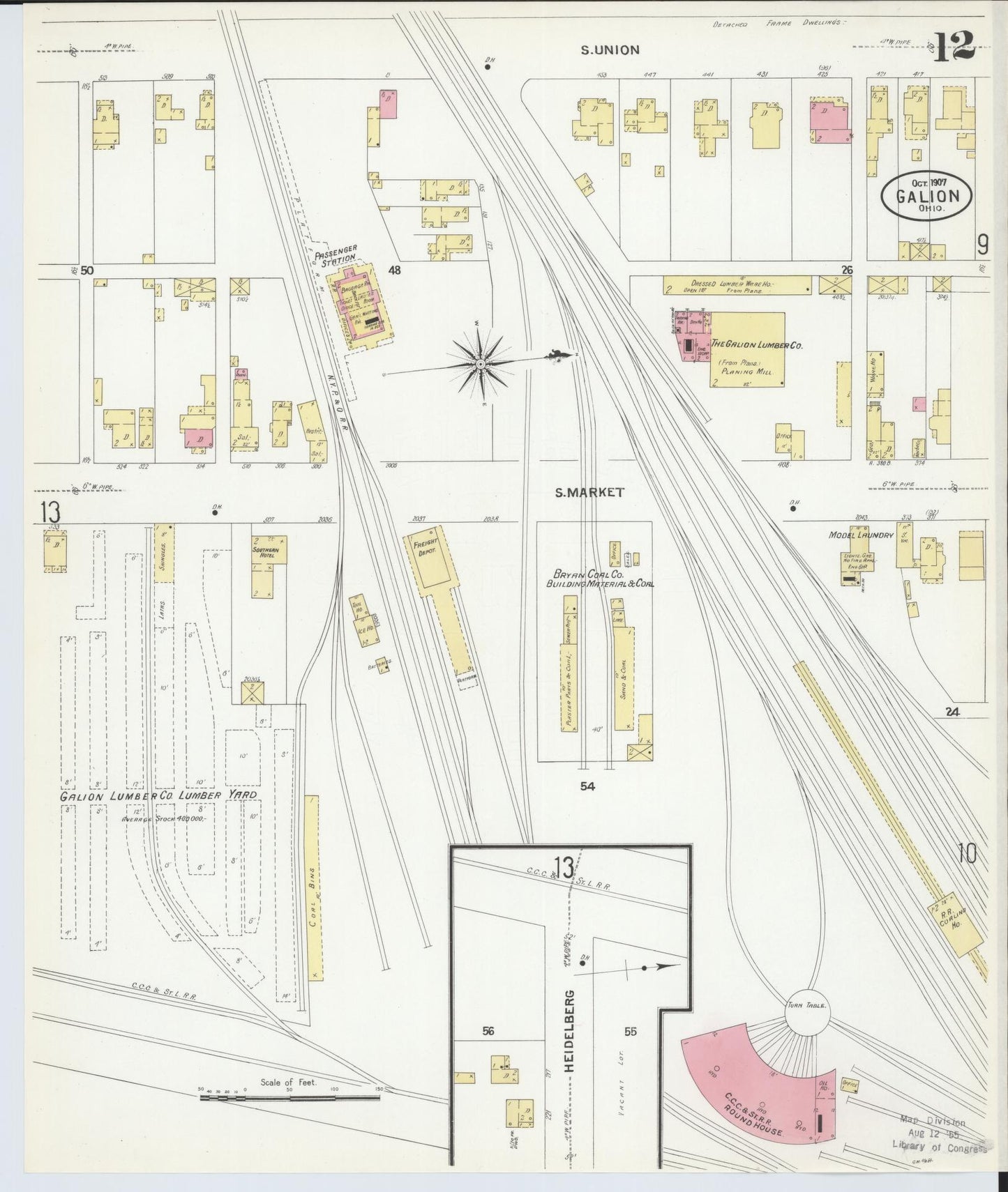 Sanborn Fire Insurance Map from Galion, Crawford County, Ohio (1907), Sheet #0012 - Complete Map Set gallery image, historic Sanborn map, vintage wall art, Ohio Ohio