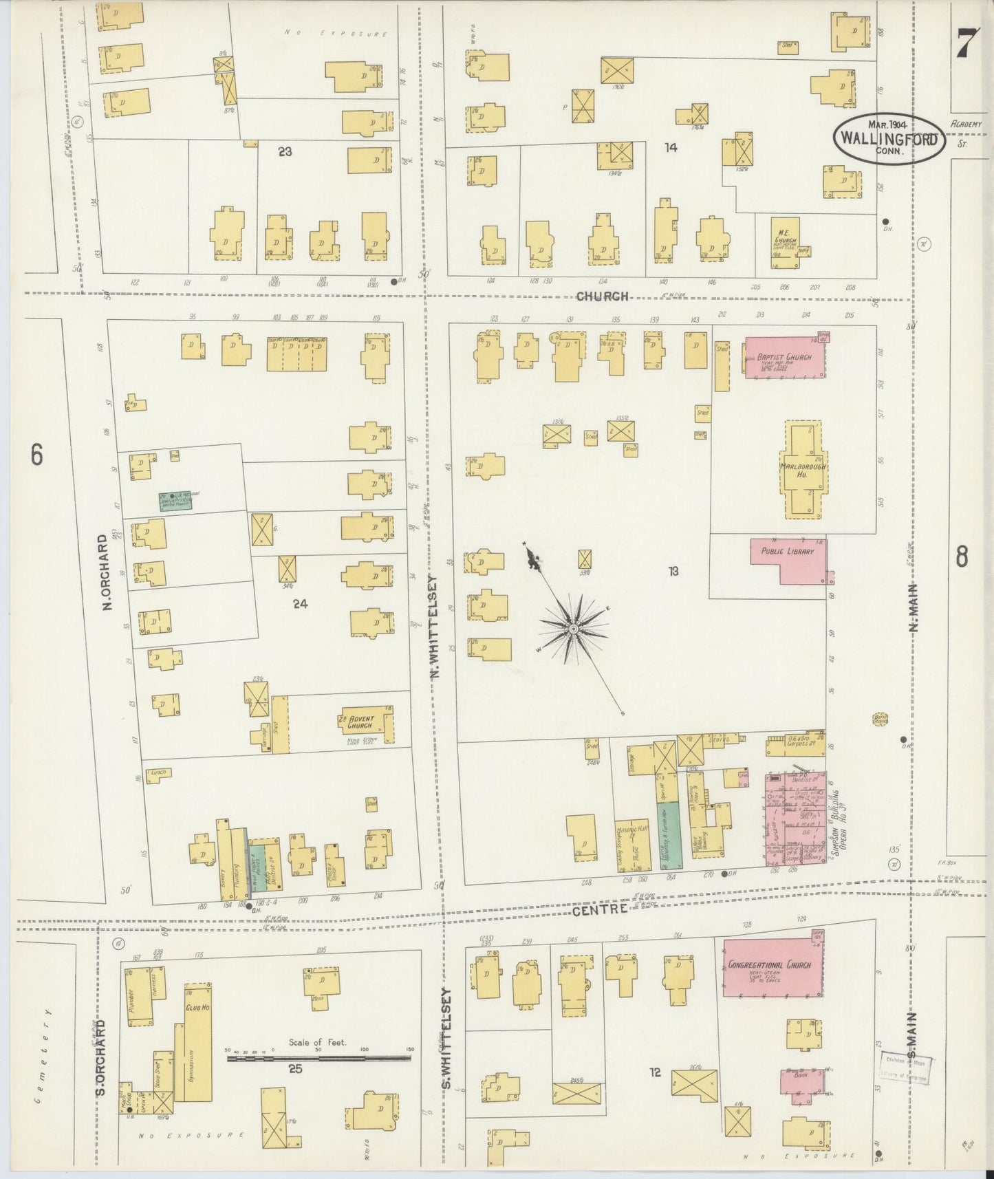 Sanborn Fire Insurance Map from Wallingford, New Haven County, Connecticut (1904), Sheet #0007 - Historic Sanborn Fire Insurance Map Print, vintage old map wall art, antique decor, genealogy gift, Connecticut Connecticut map