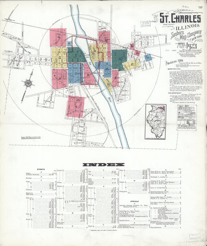 Sanborn Fire Insurance Map from Saint Charles, Kane County, Illinois (1923), Sheet #0001 - Complete Map Set gallery image, historic Sanborn map, vintage wall art, Illinois Illinois