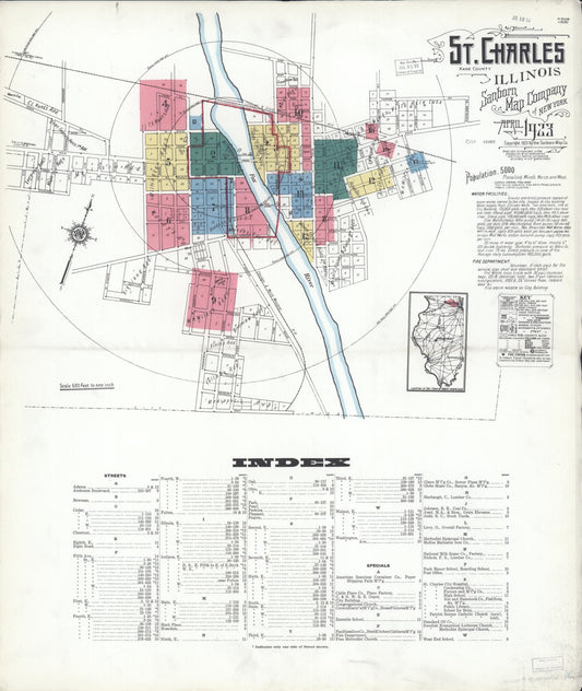 Sanborn Fire Insurance Map from Saint Charles, Kane County, Illinois (1923), Sheet #0001 - Complete Map Set gallery image, historic Sanborn map, vintage wall art, Illinois Illinois