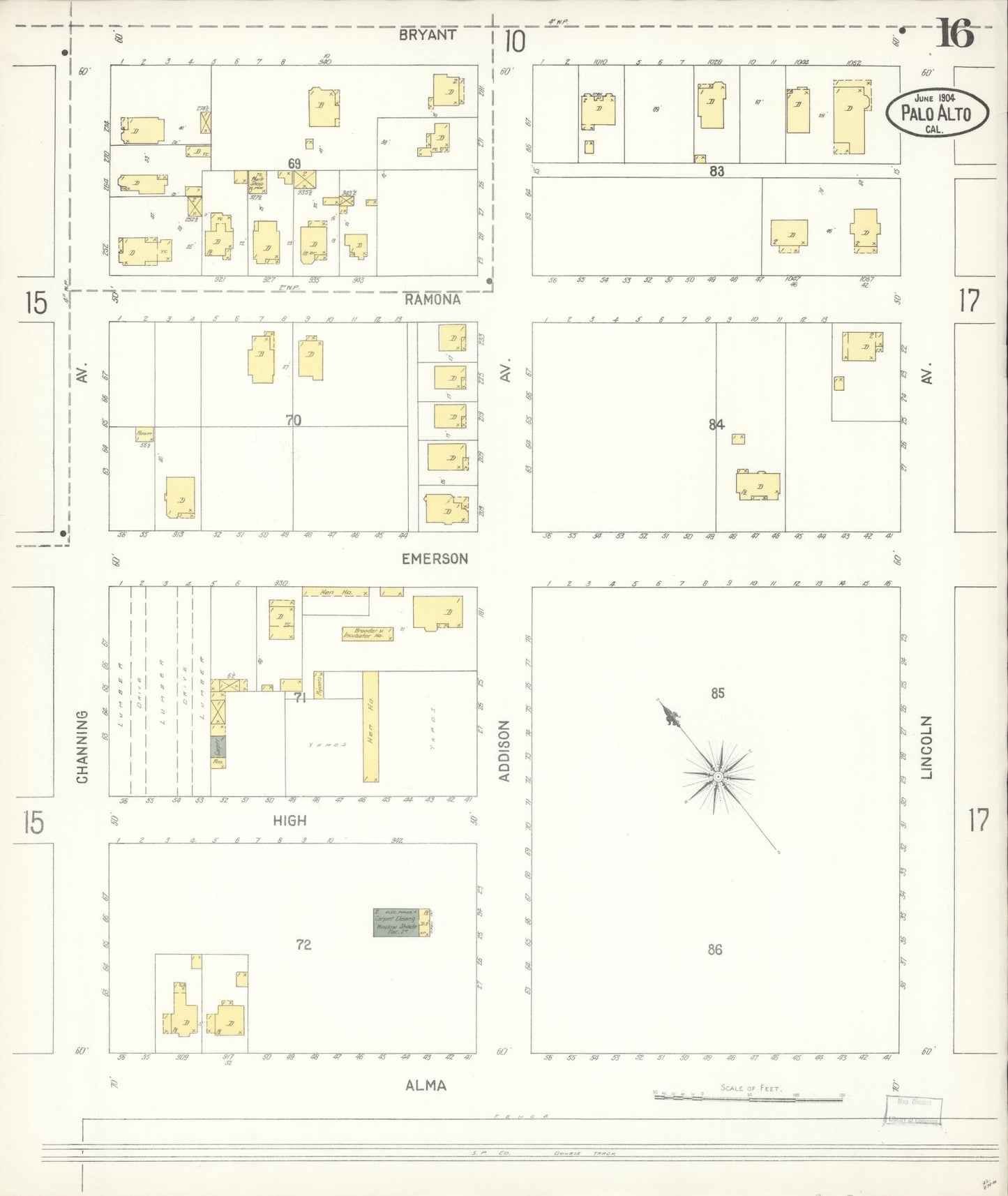 Sanborn Fire Insurance Map from Palo Alto, Santa Clara County, California (1904), Sheet #0016 - Complete Map Set gallery image, historic Sanborn map, vintage wall art, California California