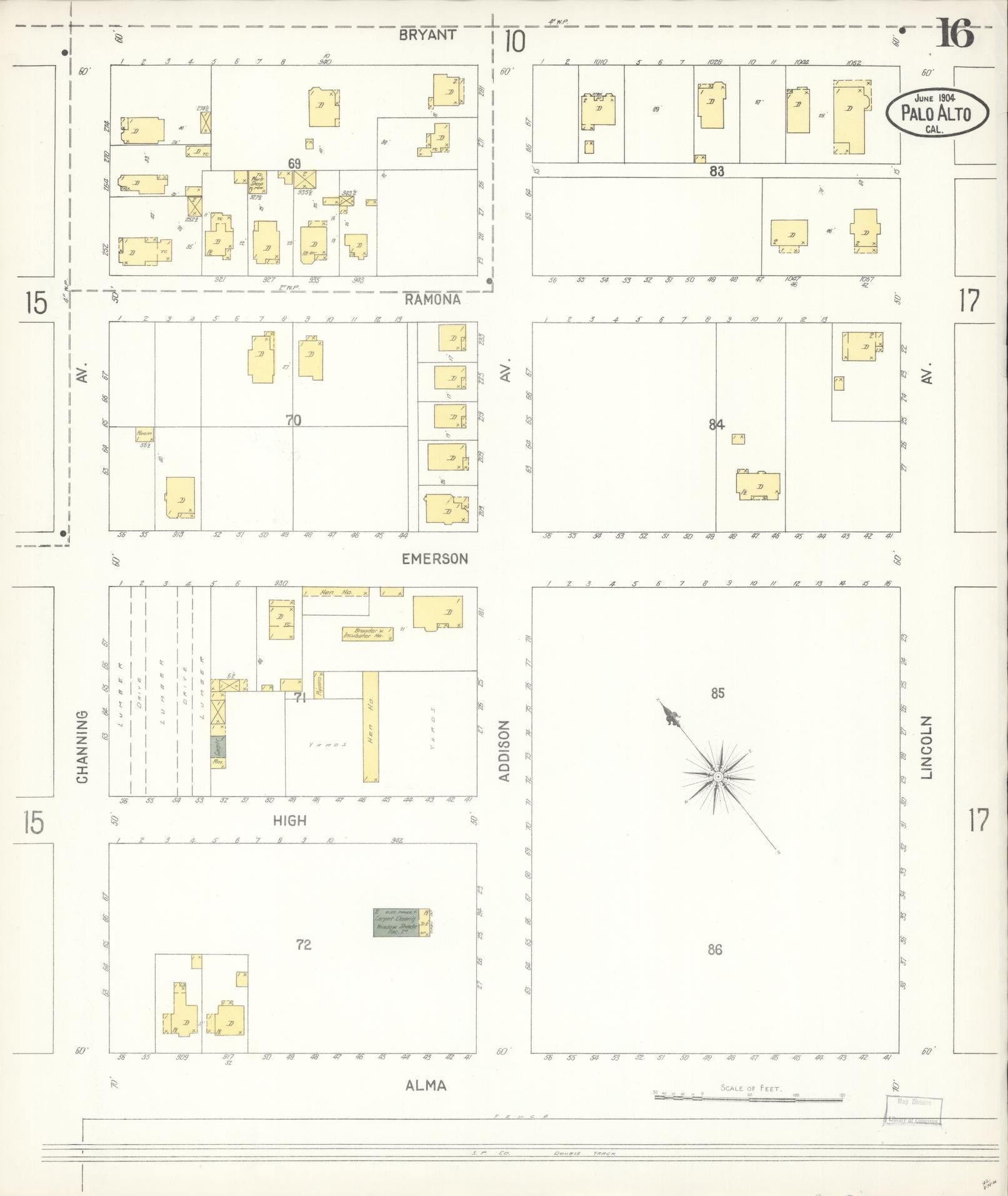 Sanborn Fire Insurance Map from Palo Alto, Santa Clara County, California (1904), Sheet #0016 - Complete Map Set gallery image, historic Sanborn map, vintage wall art, California California