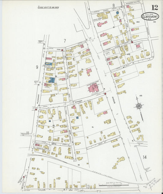 Sanborn Fire Insurance Map from Claremont, Sullivan County, New Hampshire (1918), Sheet #0012 - Historic Sanborn Fire Insurance Map Print, vintage old map wall art, antique decor, genealogy gift, New Hampshire New Hampshire map