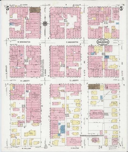 Sanborn Fire Insurance Map from Ann Arbor, Washtenaw County, Michigan (1925), Sheet #0005 - Historic Sanborn Fire Insurance Map Print, vintage old map wall art, antique decor, genealogy gift, Michigan Michigan map