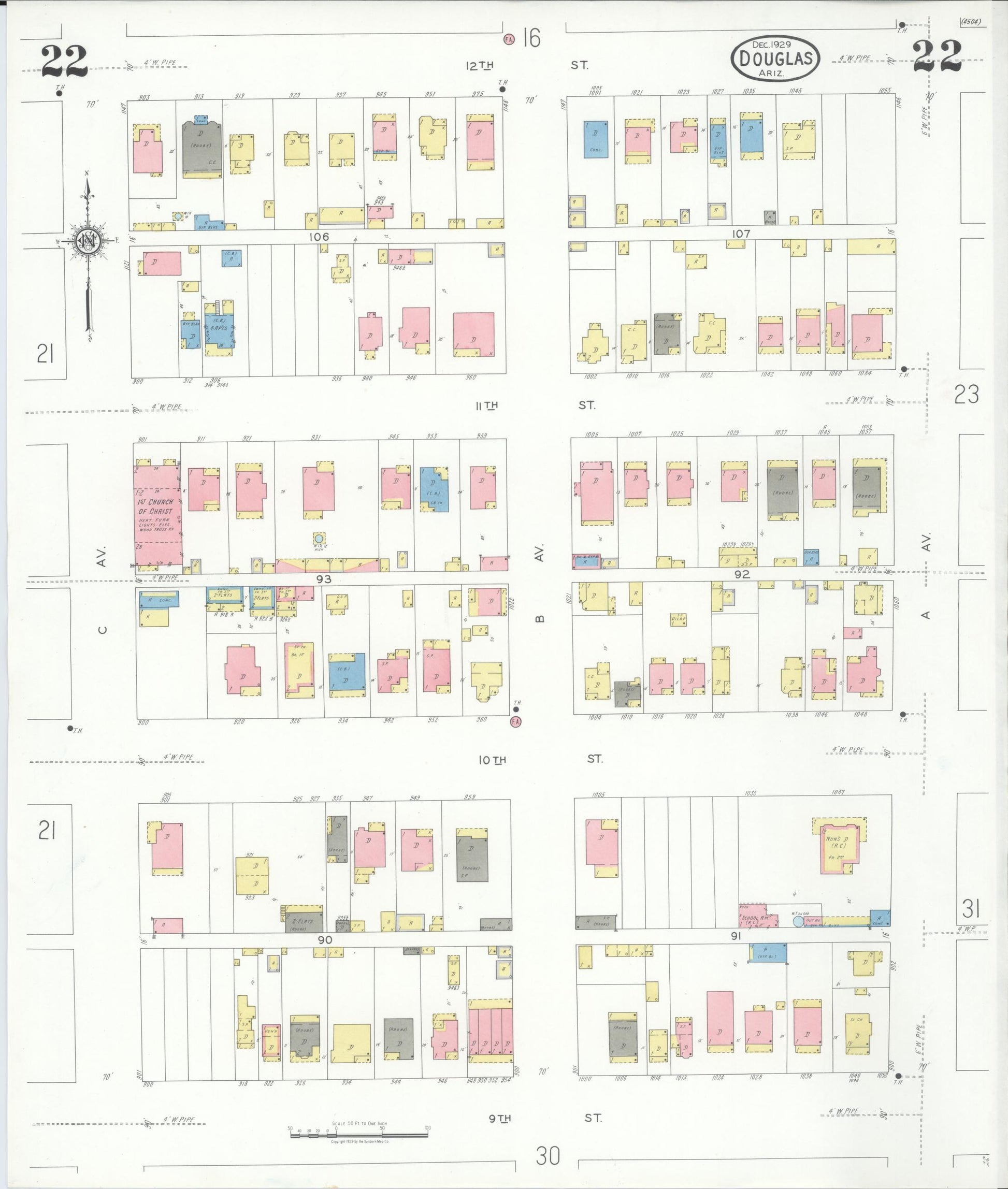 Sanborn Fire Insurance Map from Douglas, Cochise County, Arizona (1929), Sheet #0022 - Complete Map Set gallery image, historic Sanborn map, vintage wall art, Arizona Arizona